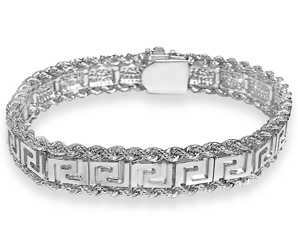 Rope & Greek Key Solid White/Yellow/Rose Gold Handmade Bracelet , 12mm, 6.5-10 Inch