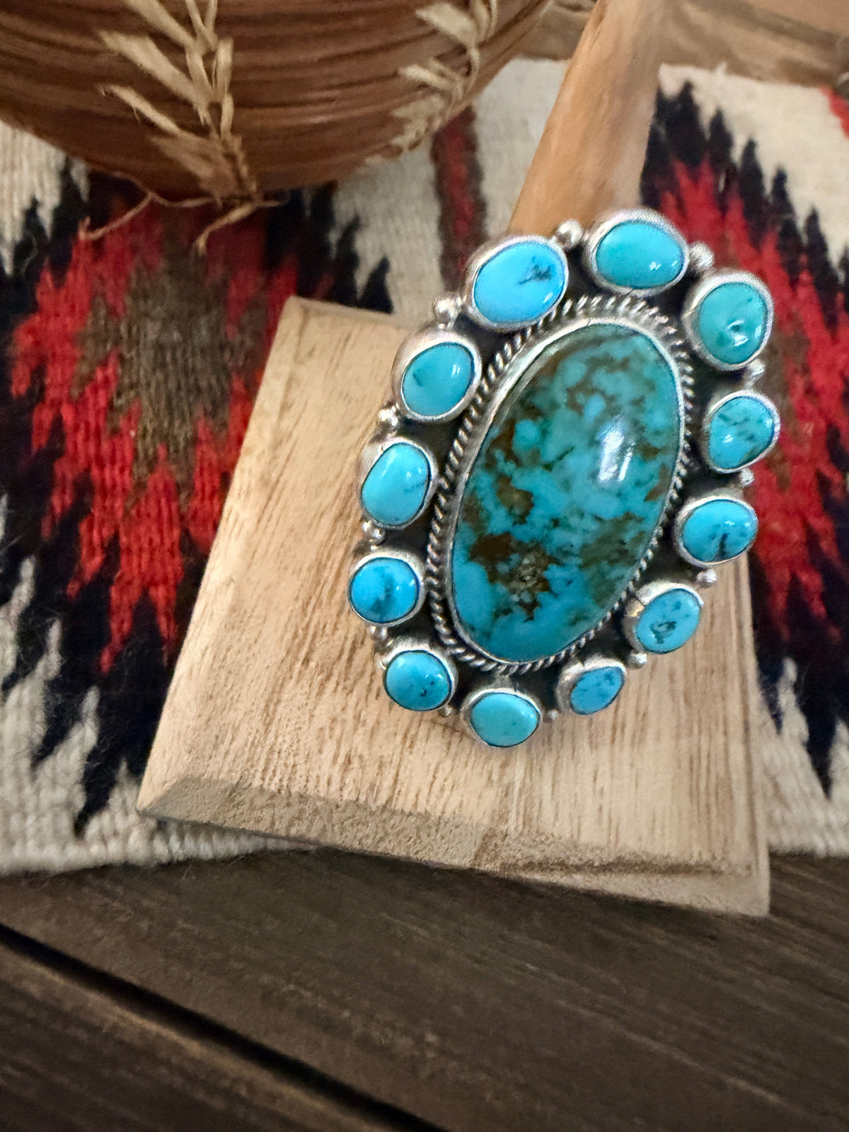 Handcrafted Kingman Turquoise & Sterling Silver Cluster Adjustable Ring by Aaron David