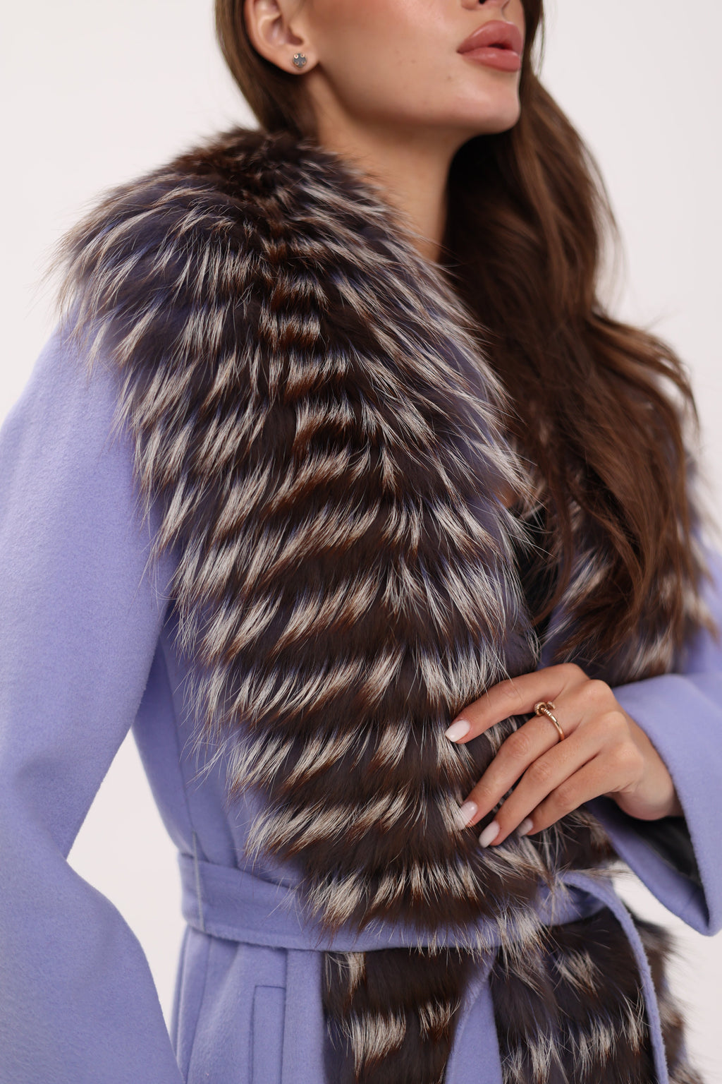 Carrie Coat - Genuine Silver Fox Virgin Wool Wrap Coat in Lavender
