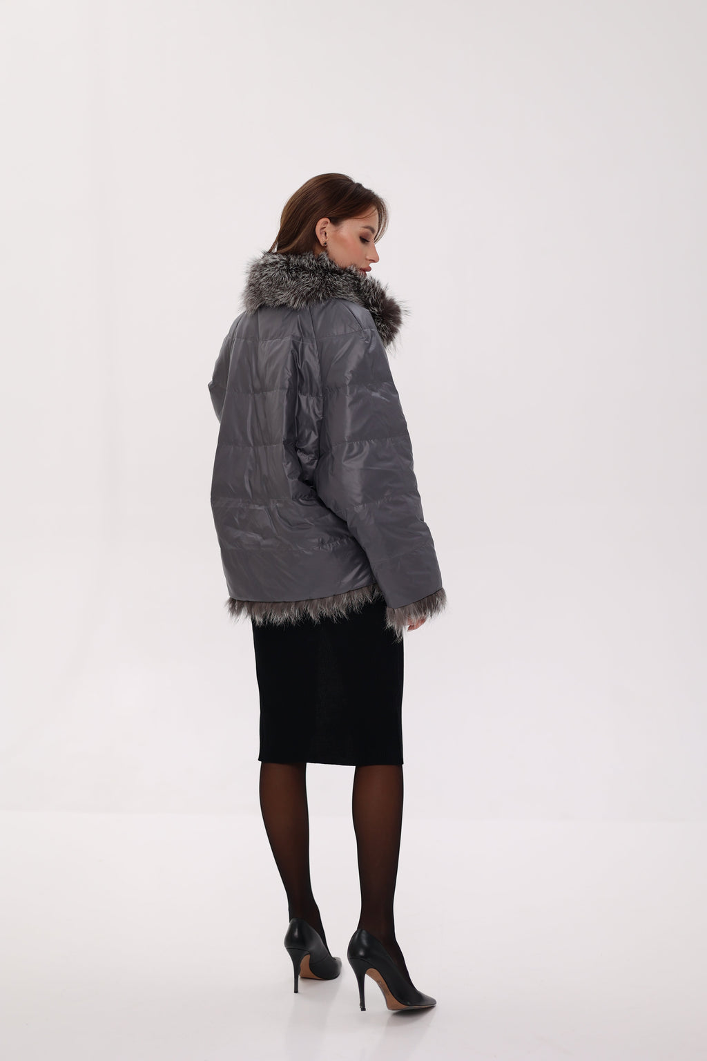Reversible Genuine Silver Fox  Down Fill Coat in Grey