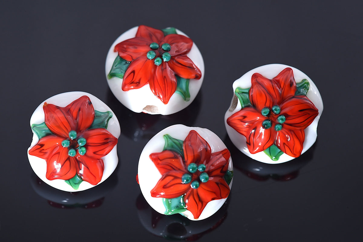 10707812 - Four Red Poinsettia Christmas Lentil Beads