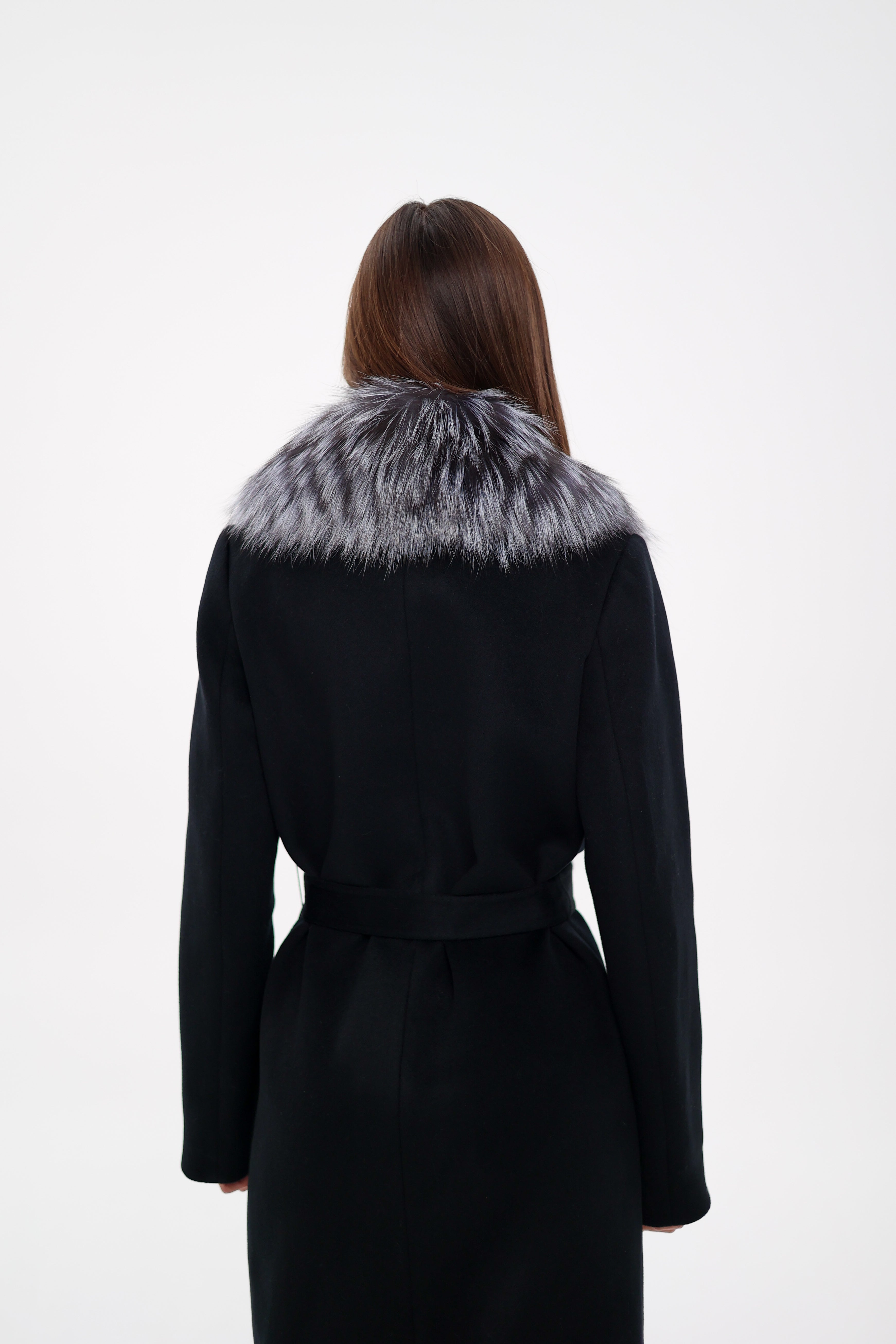 Miranda Coat - Genuine Silver Fox Virgin Wool Wrap Coat in Black