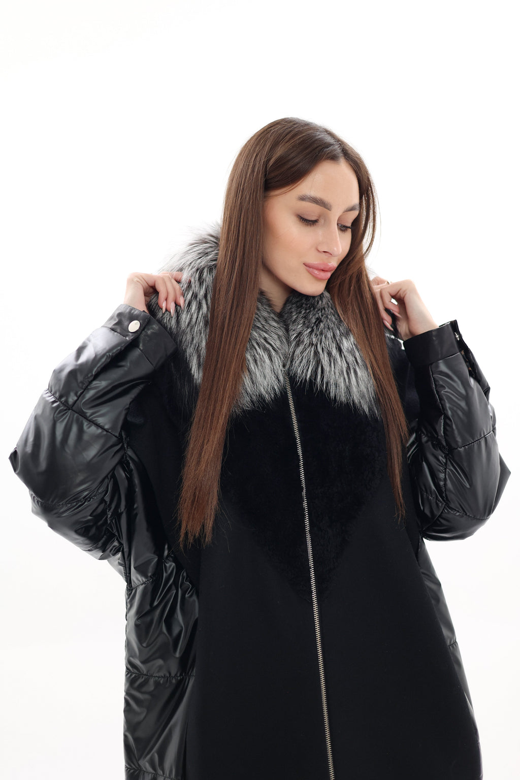 Genuine Silver Fox Fur Italian Cashmere Wool Freudenberg Comfortemp® Coat