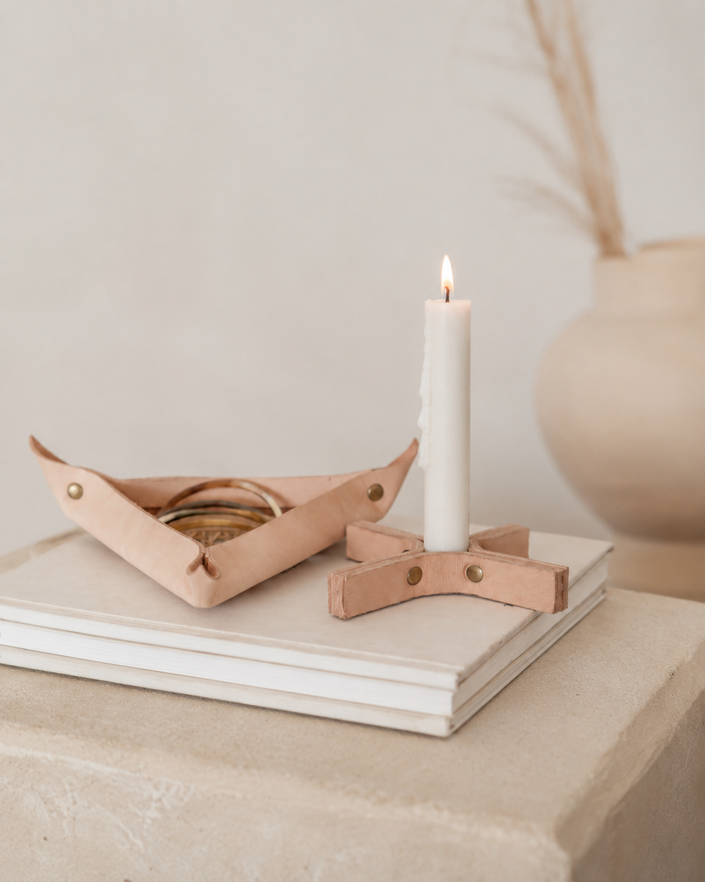 Minimal Leather Candle Holder Set of 2