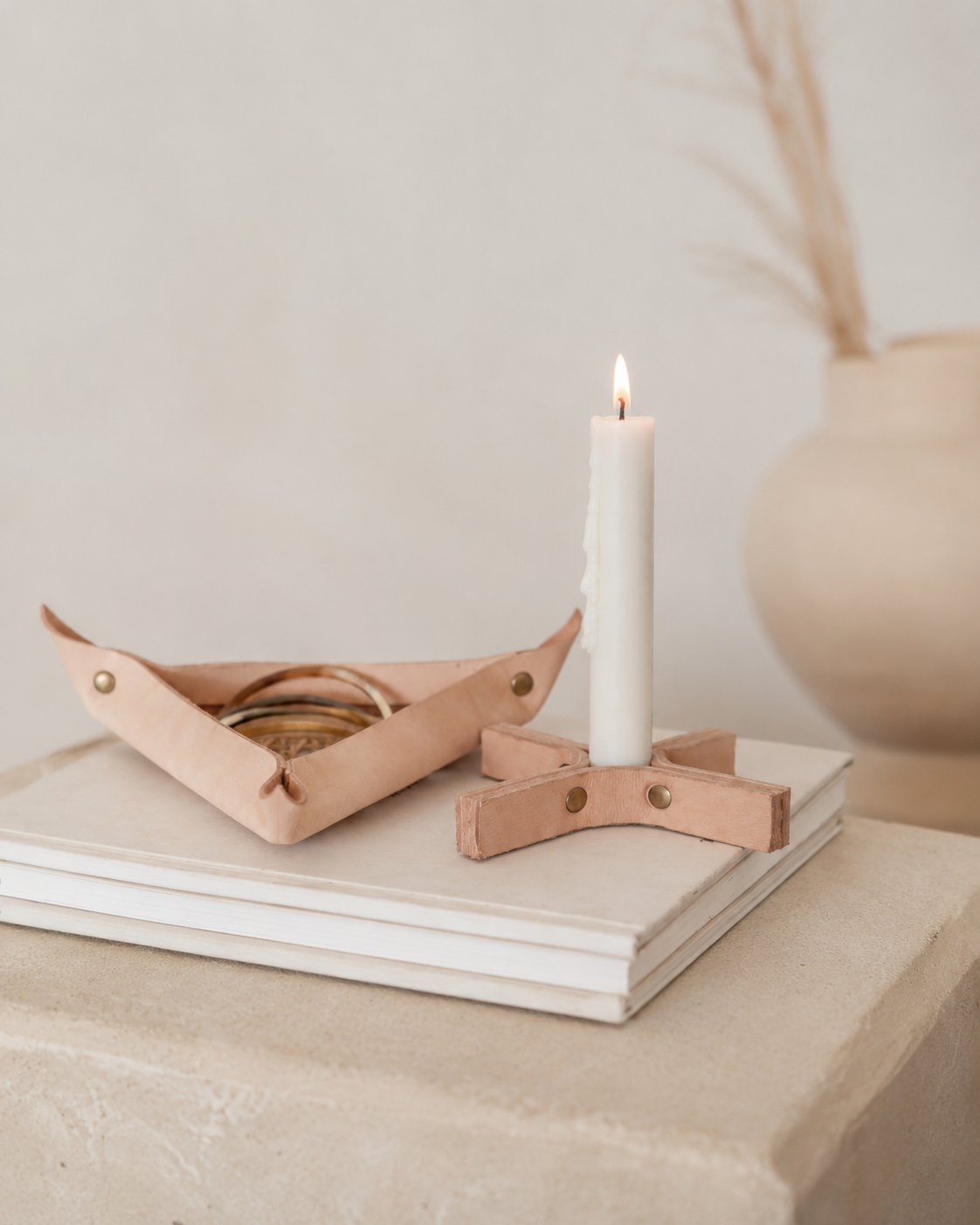 Minimal Leather Candle Holder Set of 2