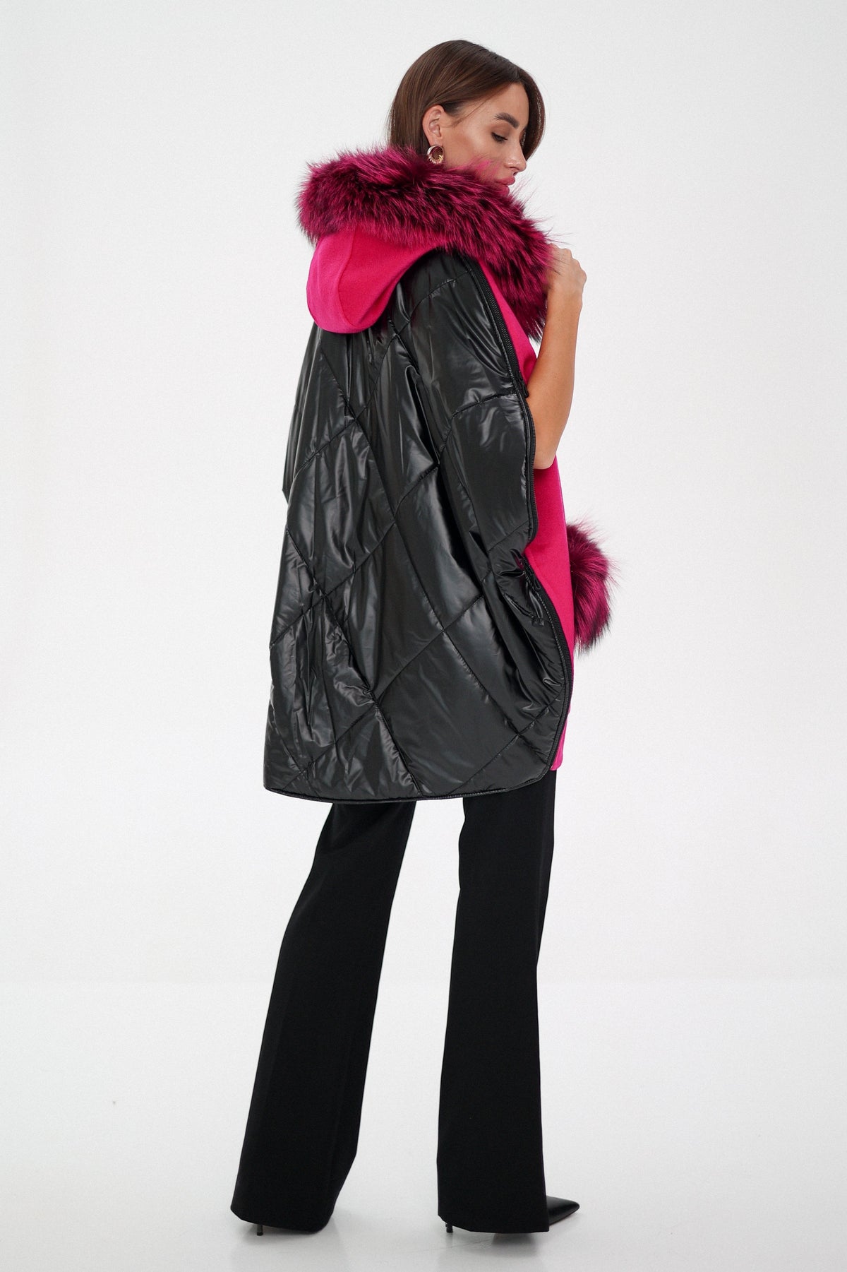 Saga®Furs Silver Fox Wool Cashmere Poncho Vest in Fuchsia