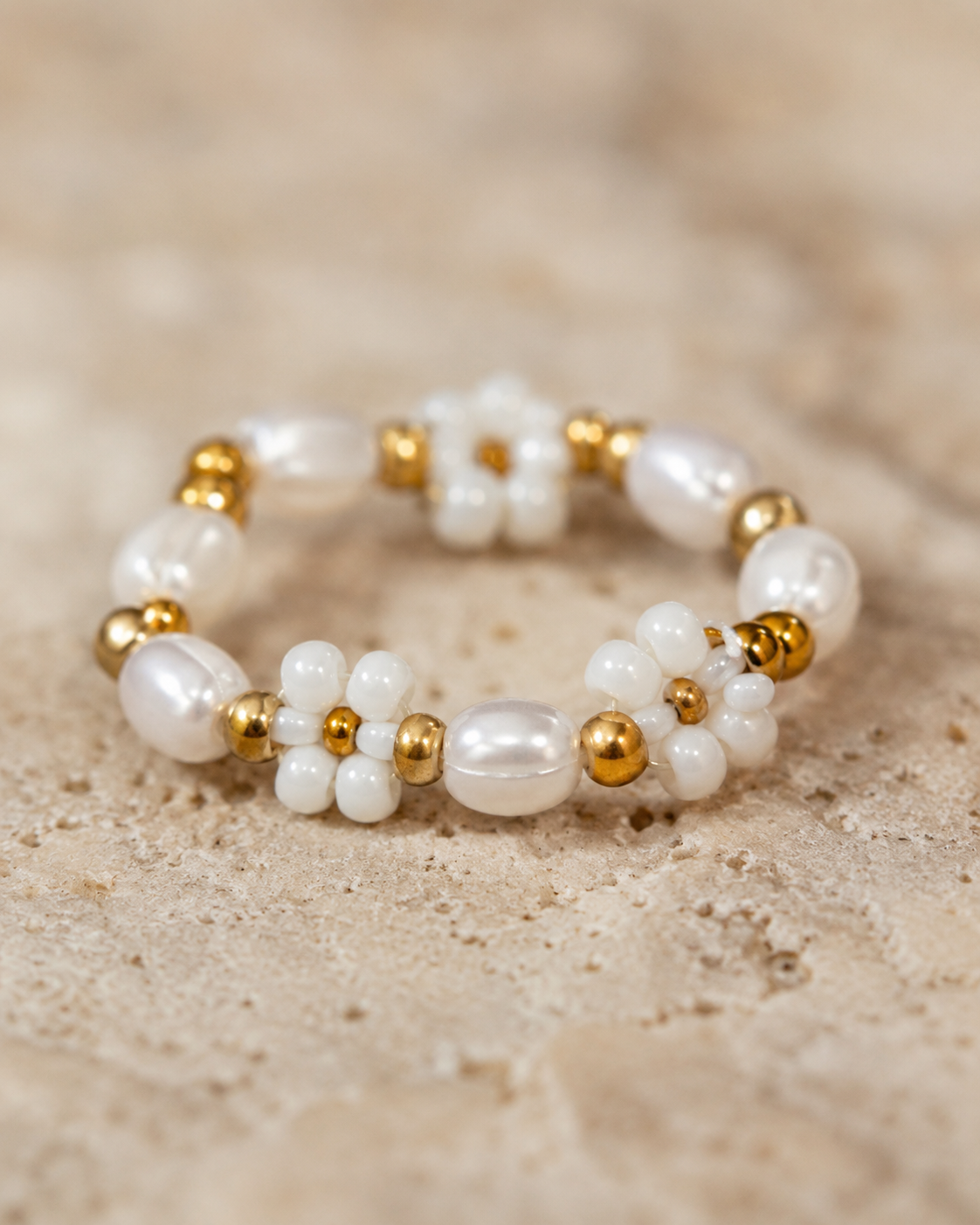 Freshwater Pearl and Flower Beaded Ring