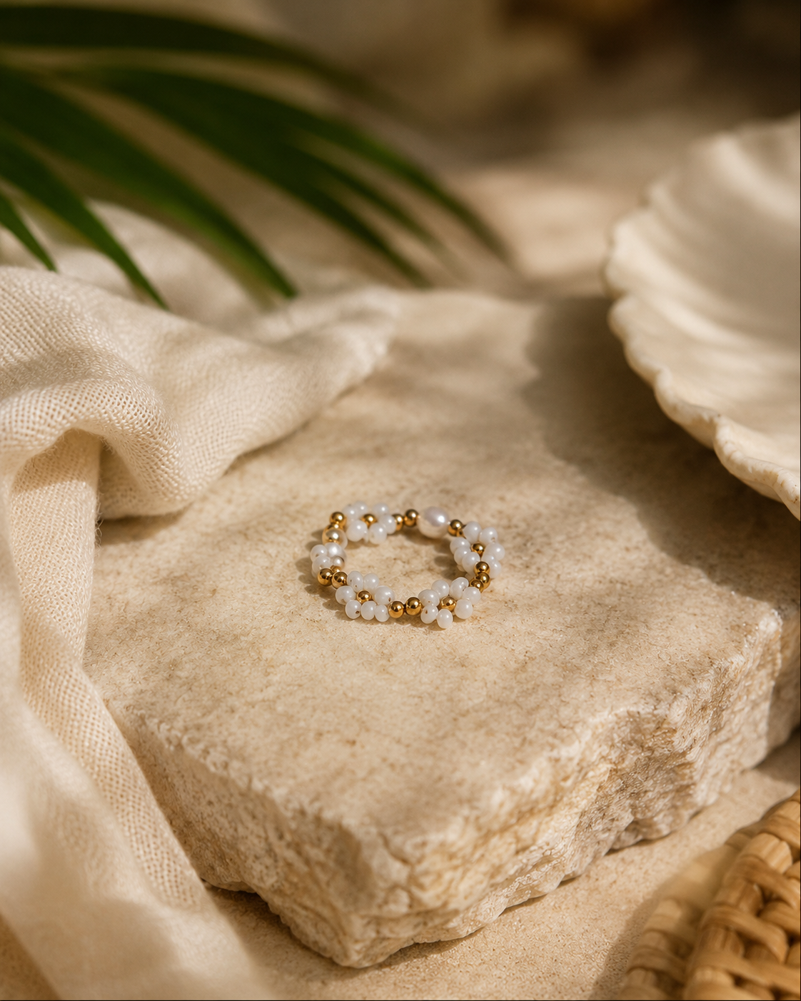 Freshwater Pearl and Flower Beaded Ring