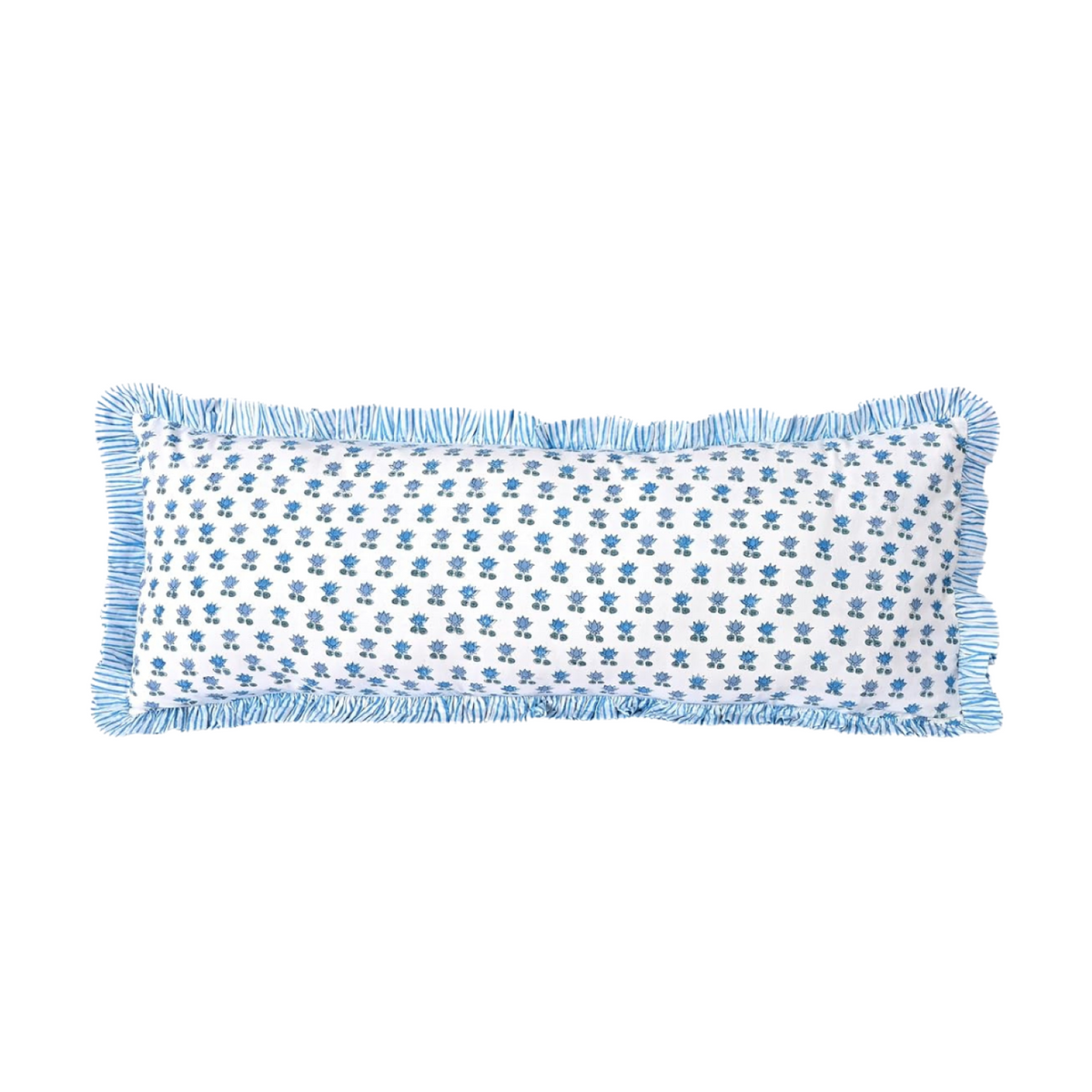 Delilah Ruffle Block Print Printed Pillow in Blue - 14"x 36"