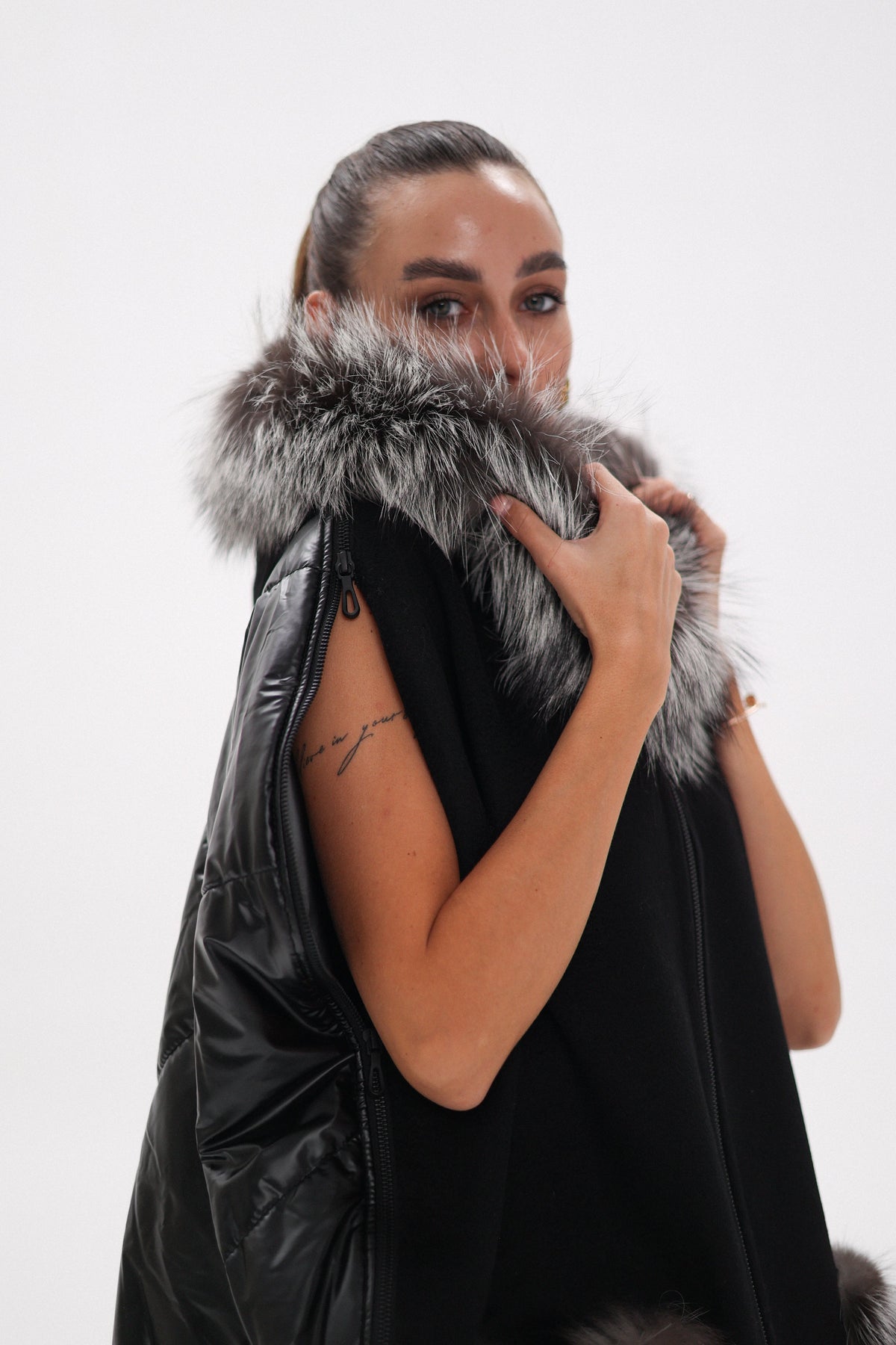 Saga®Furs Silver Fox Wool Cashmere Poncho Vest in Black