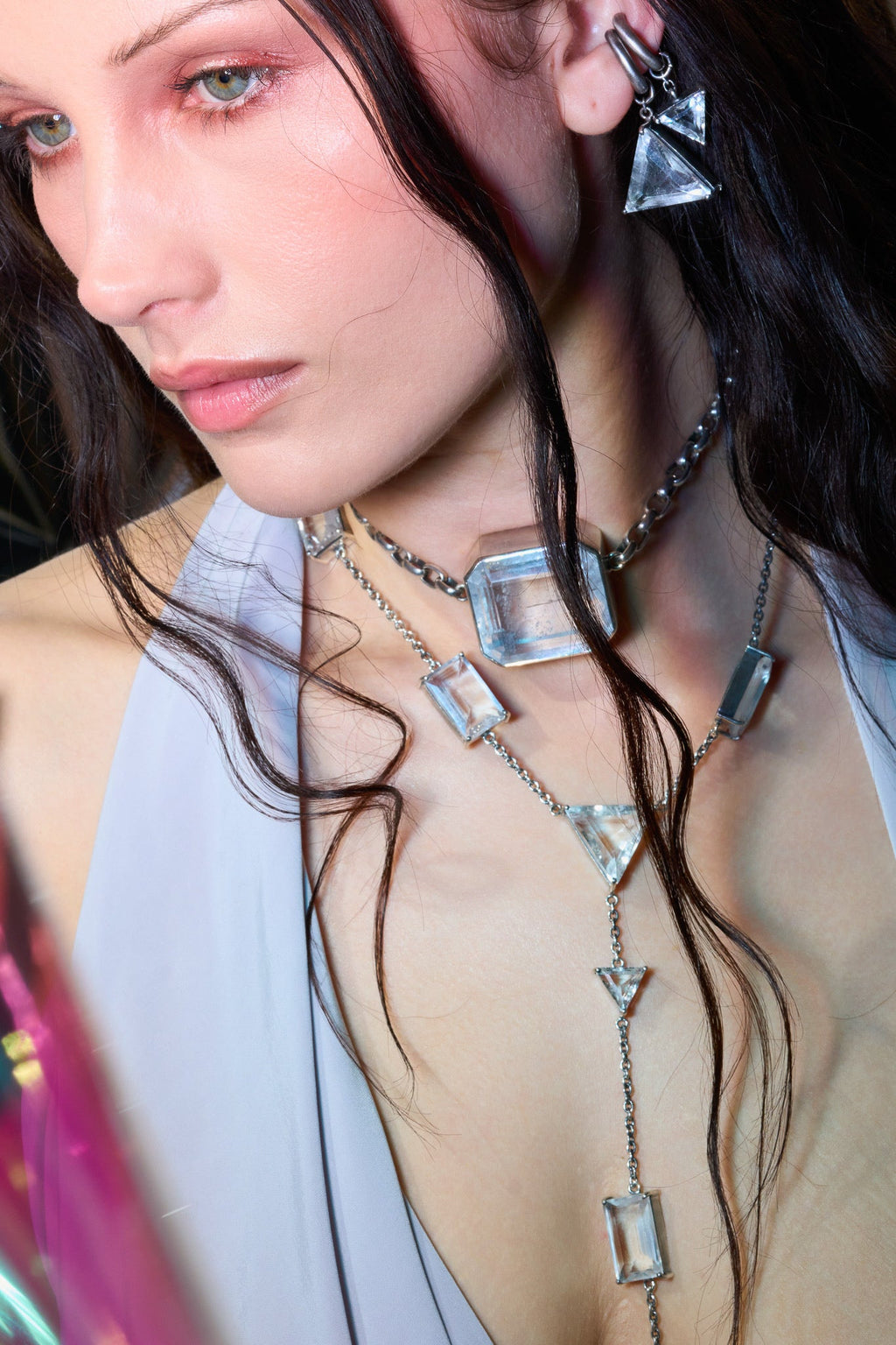 Square Goliath Choker in Striated Crystal (Silver)