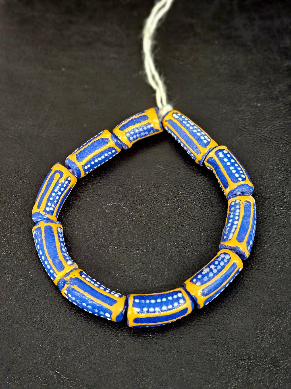 Royal Blue Krobo Painted Glass Tube Beads with Golden Yellow Borders | Handcrafted Recycled Glass from Ghana
