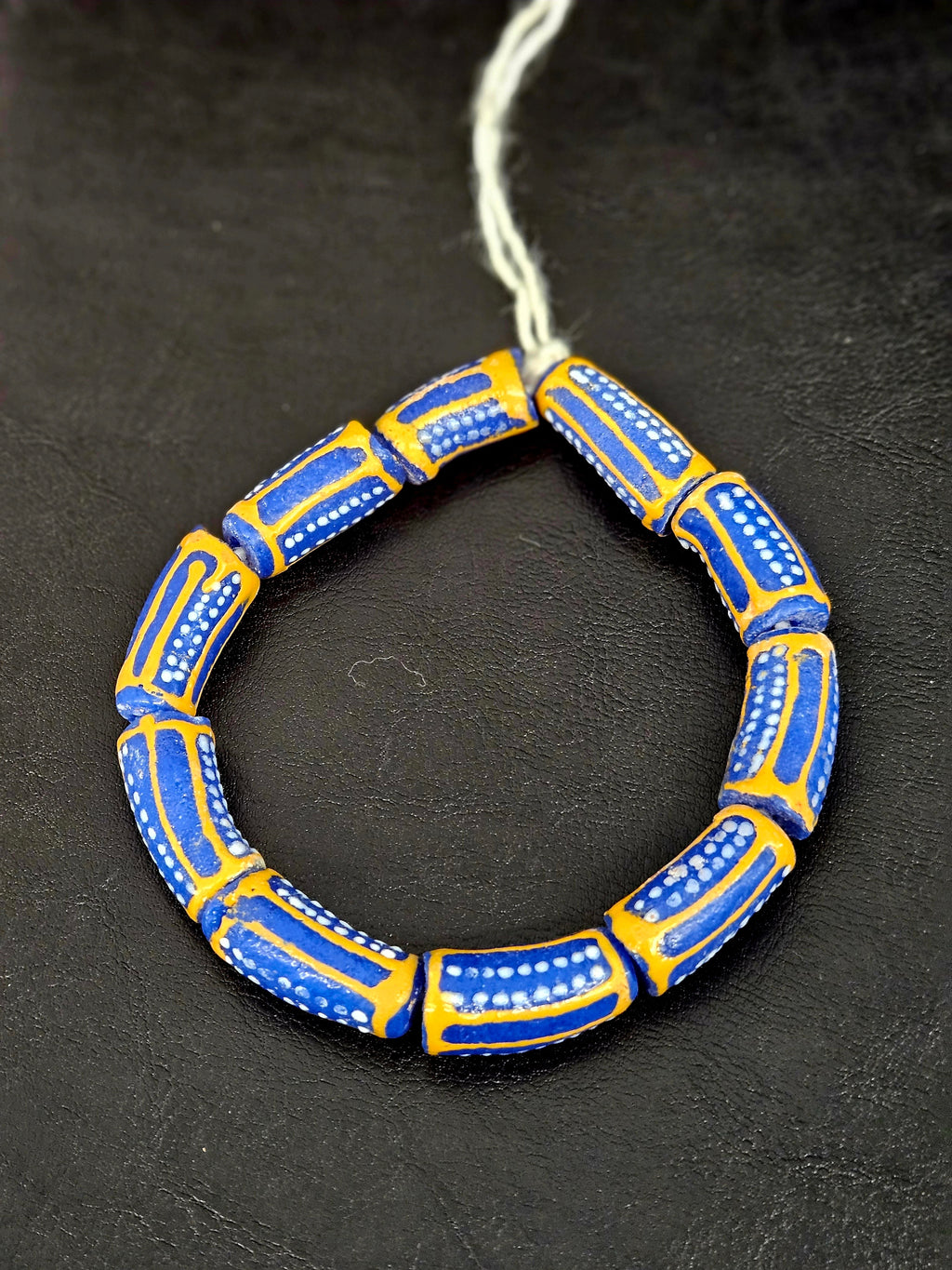 Royal Blue Krobo Painted Glass Tube Beads with Golden Yellow Borders | Handcrafted Recycled Glass from Ghana