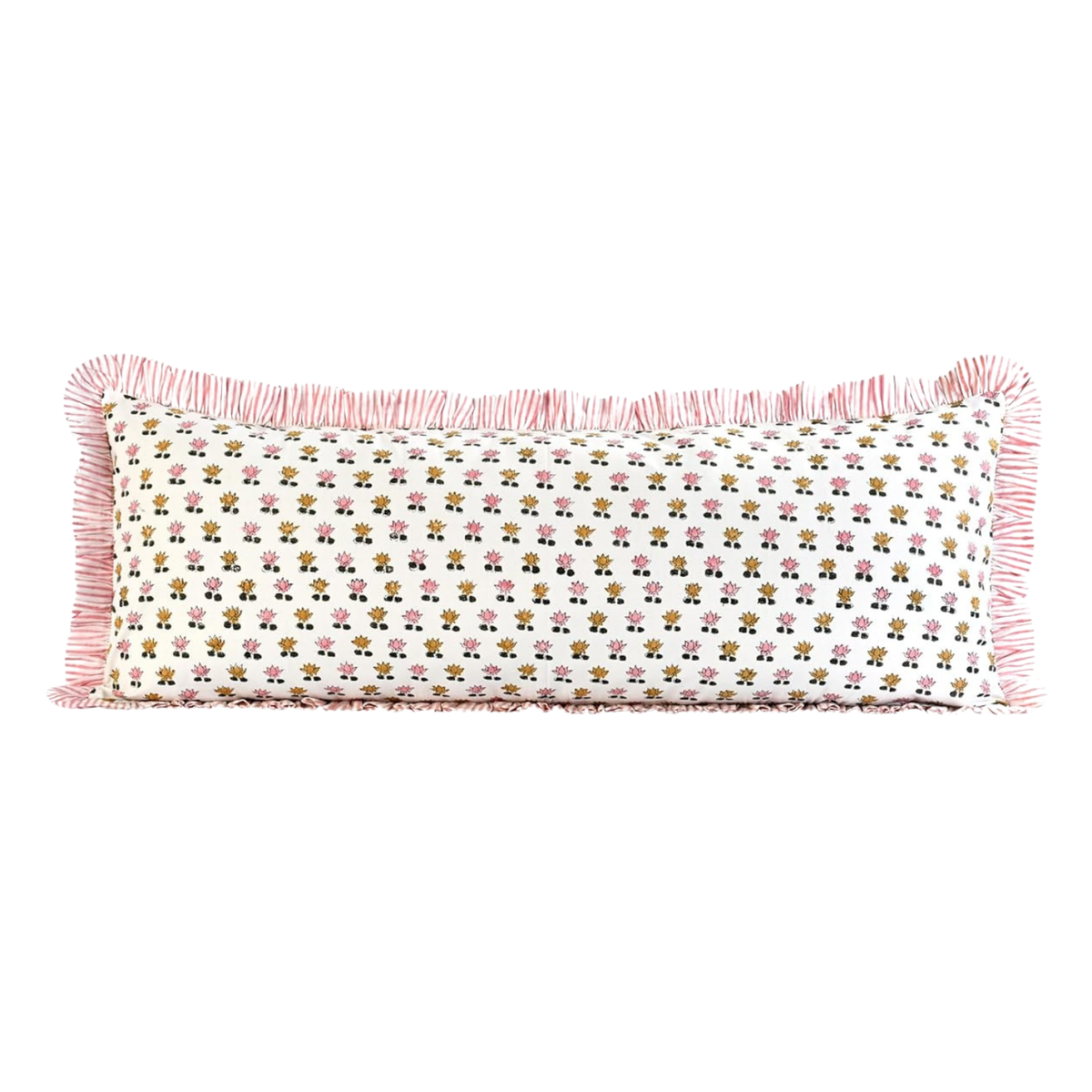 Delilah Ruffle Block Print Printed Pillow in Pink - 14"x 36"