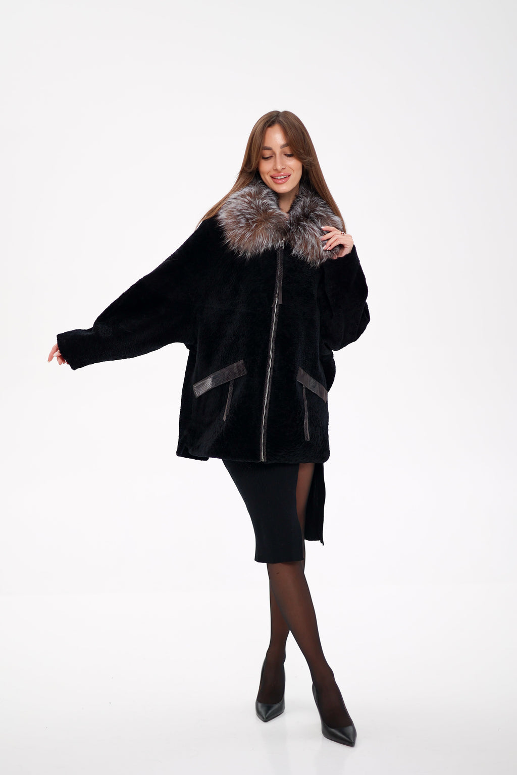 Palermo Genuine Astrakhan Silver Fox Trim Coat