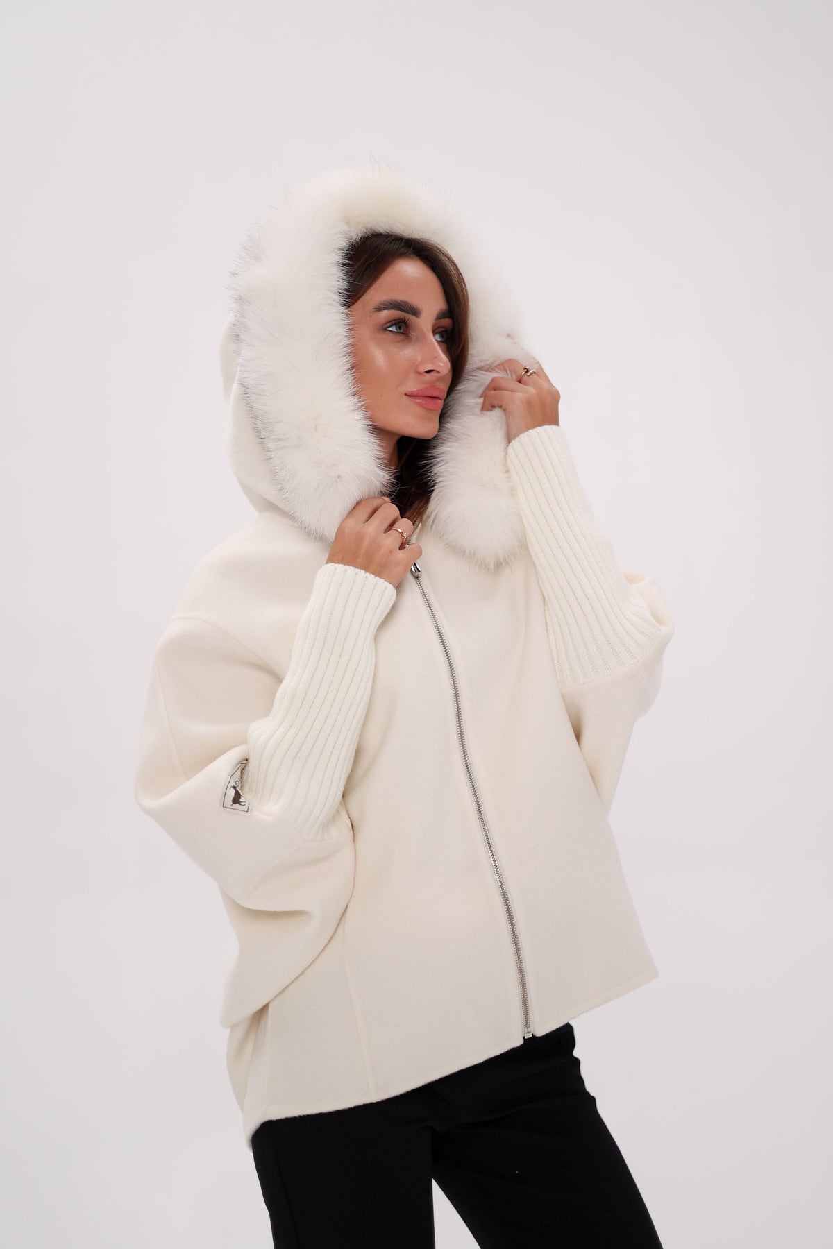 Saga®Furs Hooded Polar Fox Wool Alpaca Coat in White