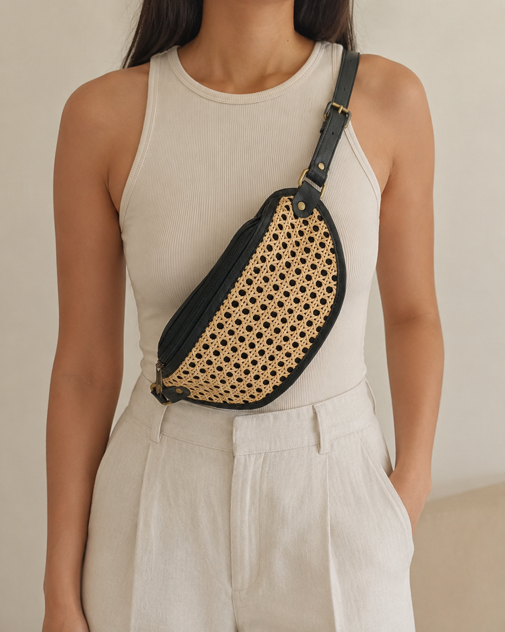 Raja Leather and Cane Sling Bag