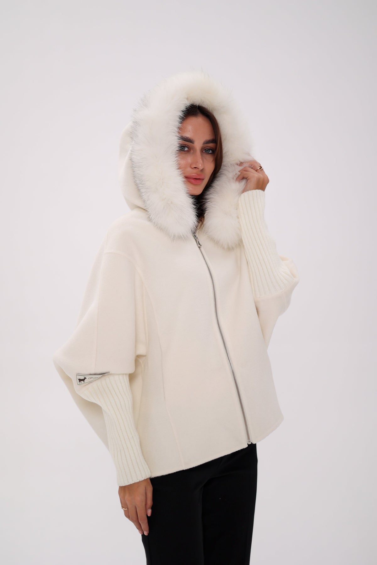 Saga®Furs Hooded Polar Fox Wool Alpaca Coat in White
