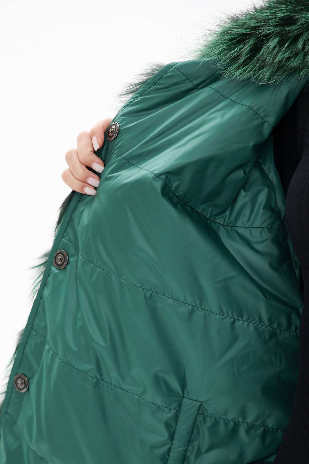 Reversible Genuine Silver Fox  Down Fill Coat in Emerald