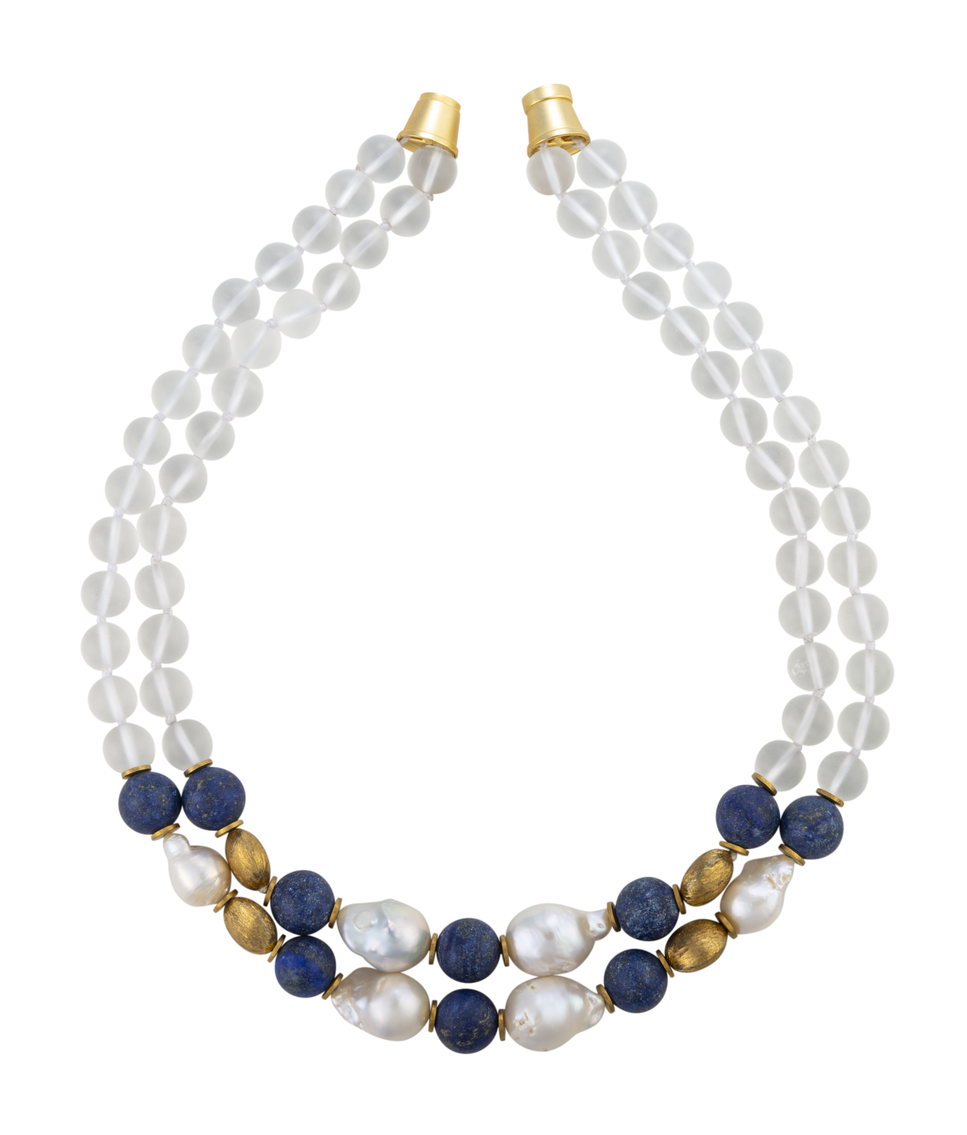 Blue Lapis, Brass, and Biwa Pearl Necklace