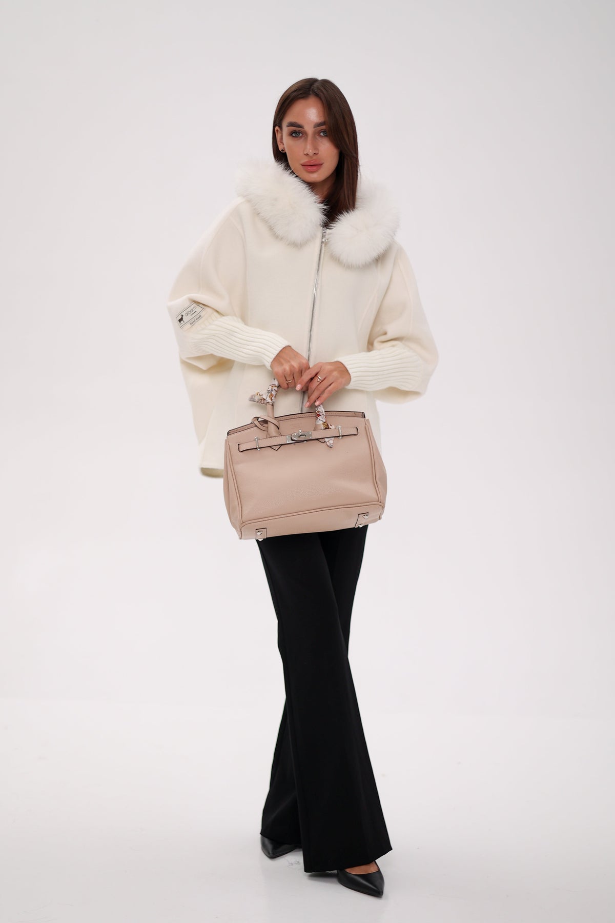 Saga®Furs Hooded Polar Fox Wool Alpaca Coat in White