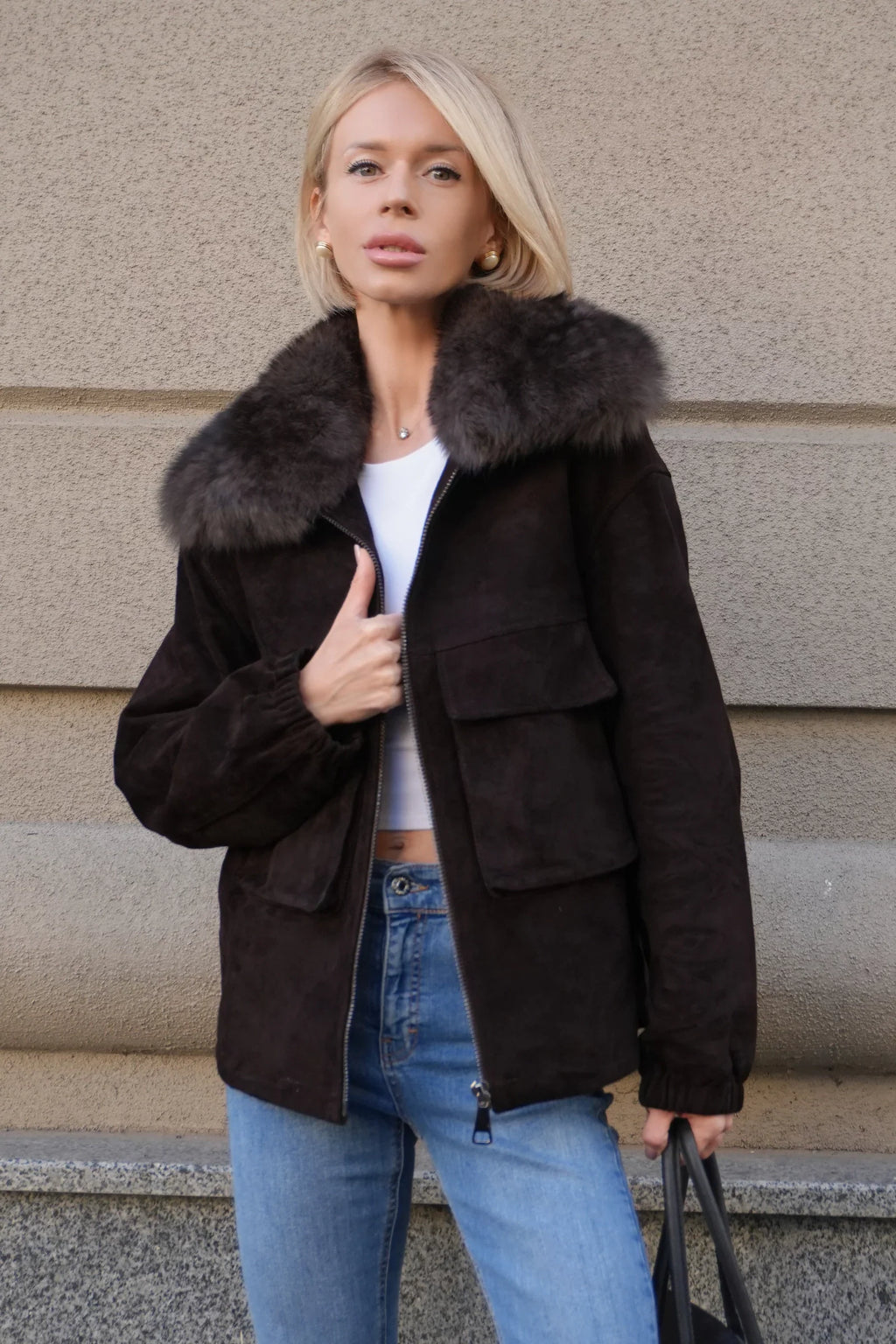 Nebraska Genuine Suede Polar Fox Trim Jacket in Cognac