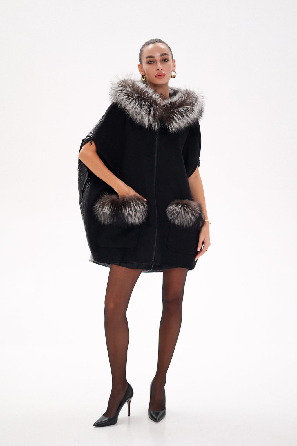 Saga®Furs Silver Fox Wool Cashmere Poncho Vest in Black