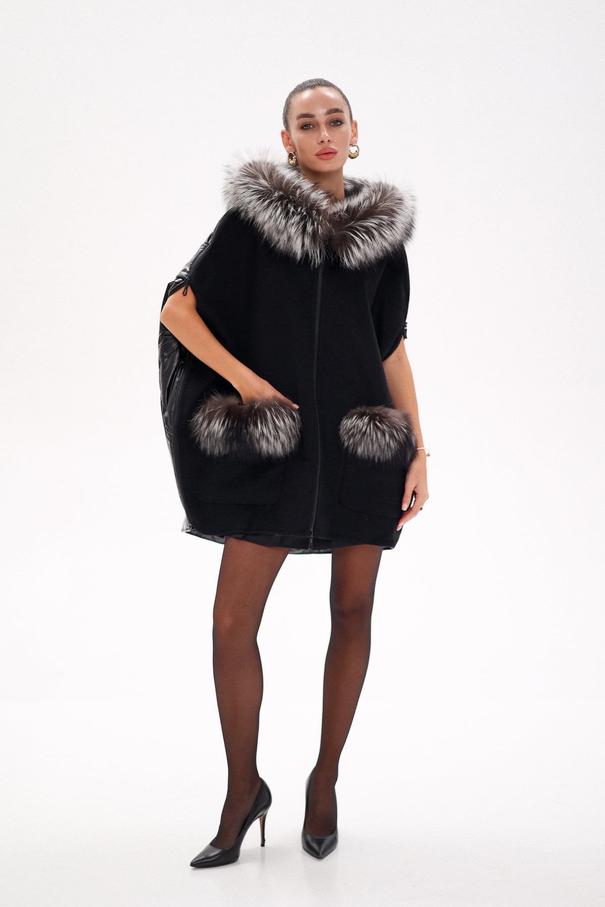 Saga®Furs Silver Fox Wool Cashmere Poncho Vest in Black