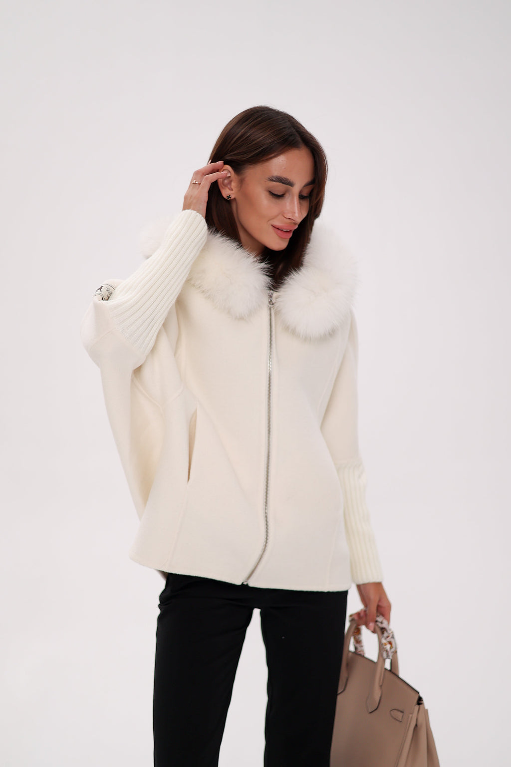 Saga®Furs Hooded Polar Fox Wool Alpaca Coat in White