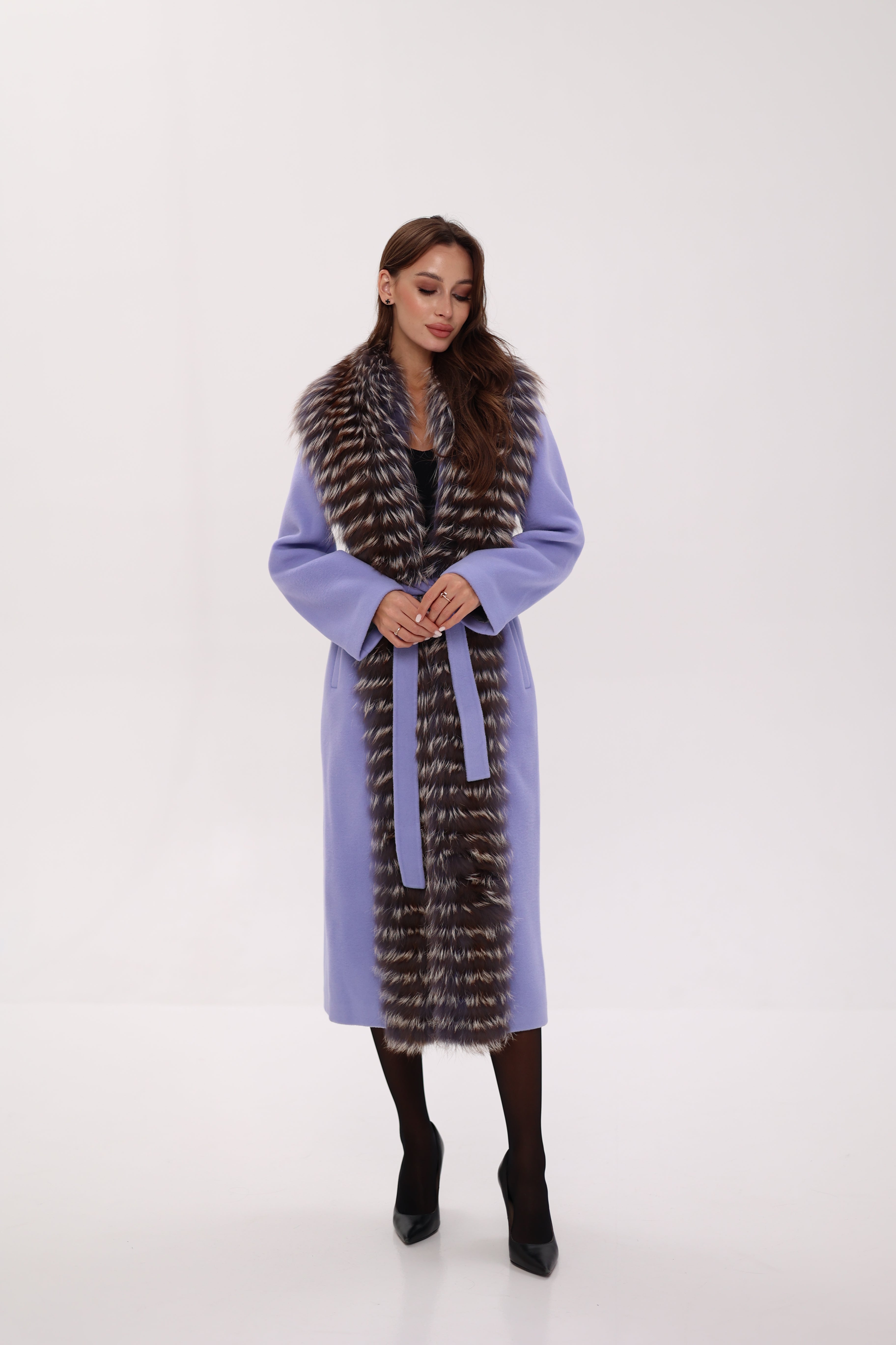 Carrie Coat - Genuine Silver Fox Virgin Wool Wrap Coat in Lavender