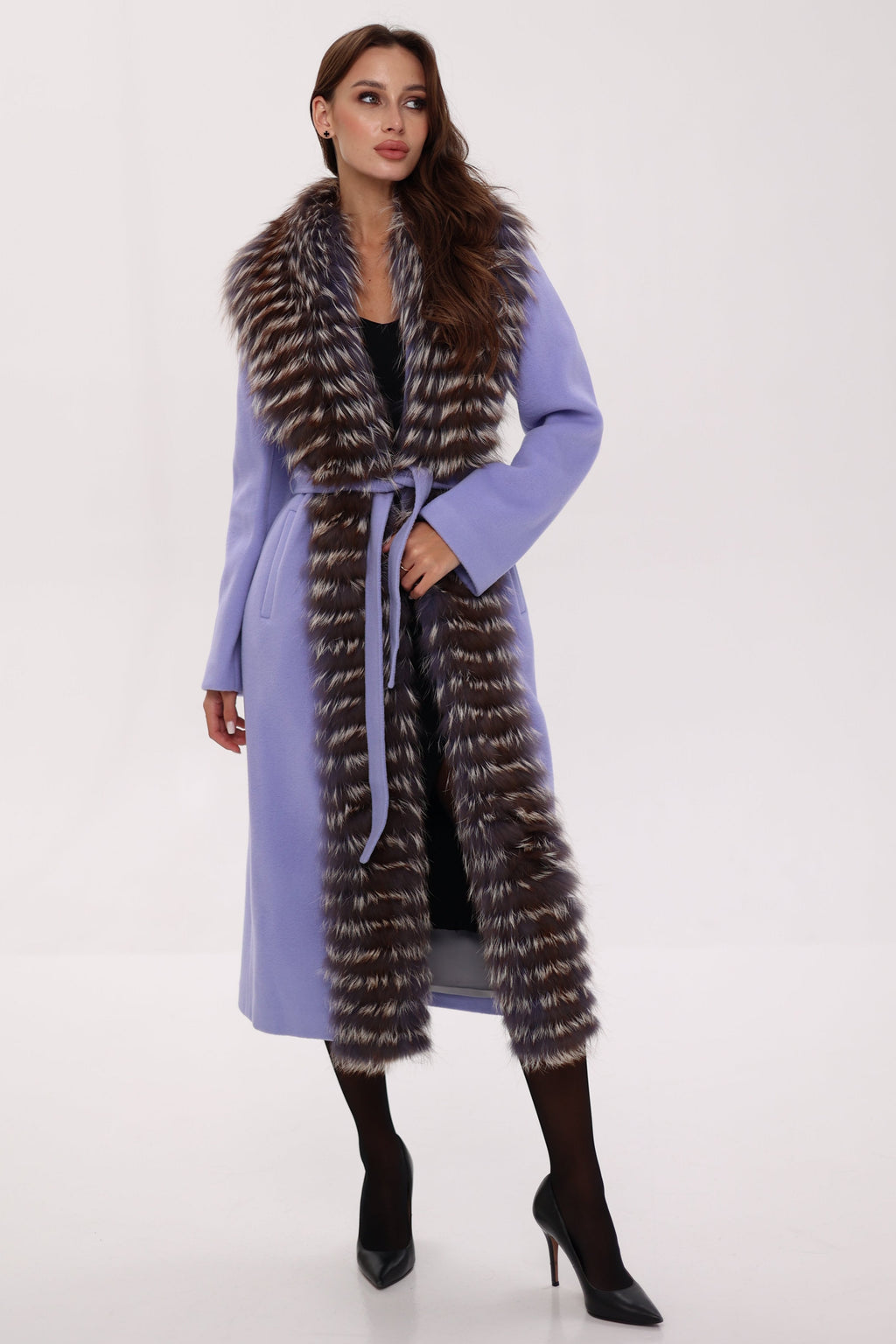 Carrie Coat - Genuine Silver Fox Virgin Wool Wrap Coat in Lavender