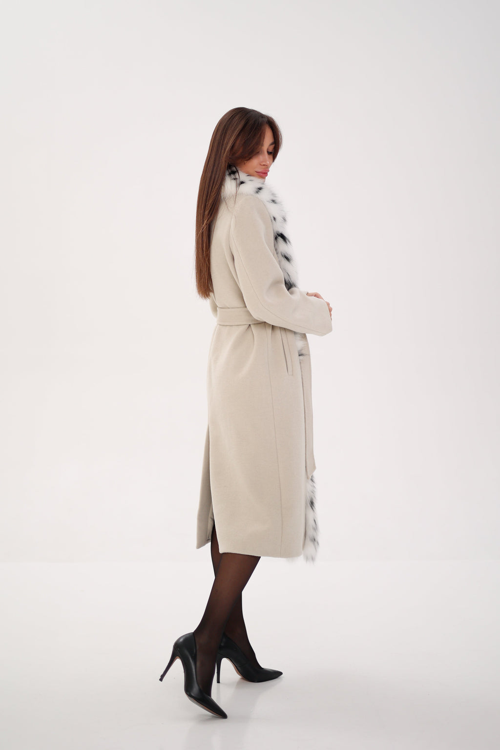 Charlotte Coat - Genuine Arctic Fox Virgin Wool Wrap Coat