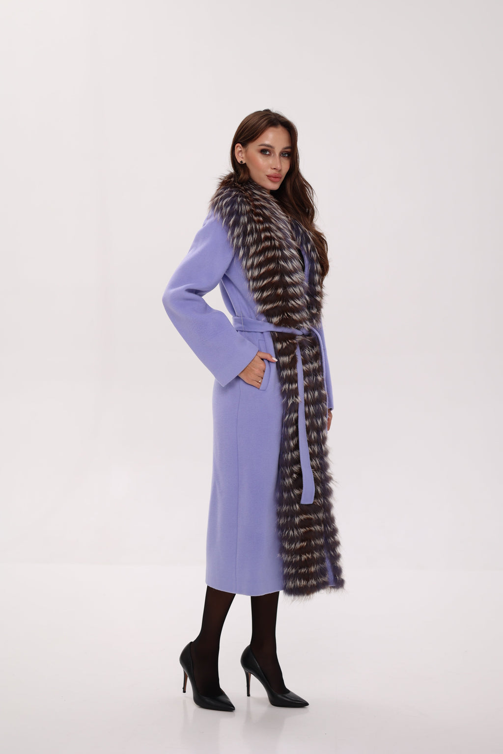 Carrie Coat - Genuine Silver Fox Virgin Wool Wrap Coat in Lavender