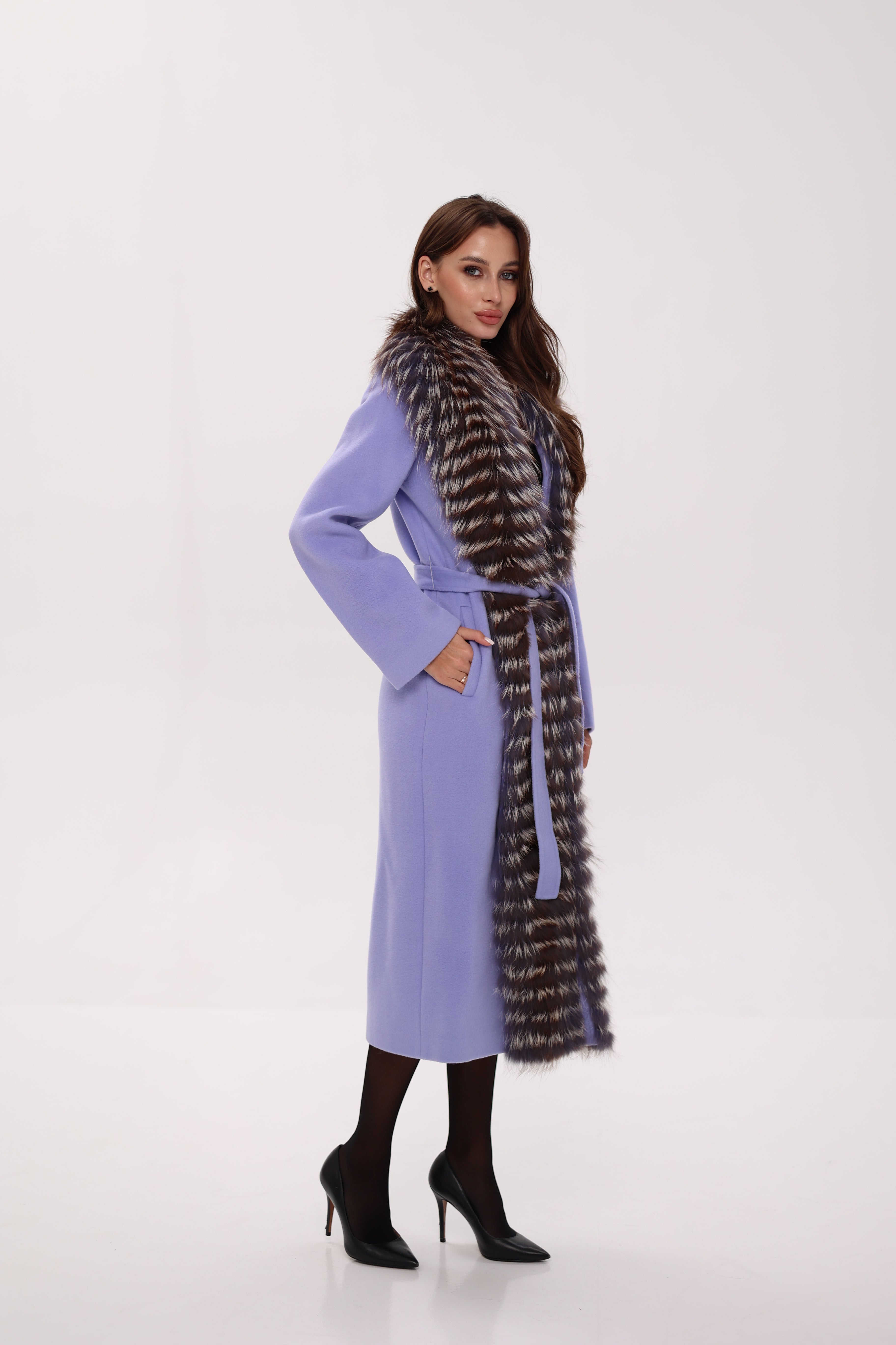 Carrie Coat - Genuine Silver Fox Virgin Wool Wrap Coat in Lavender