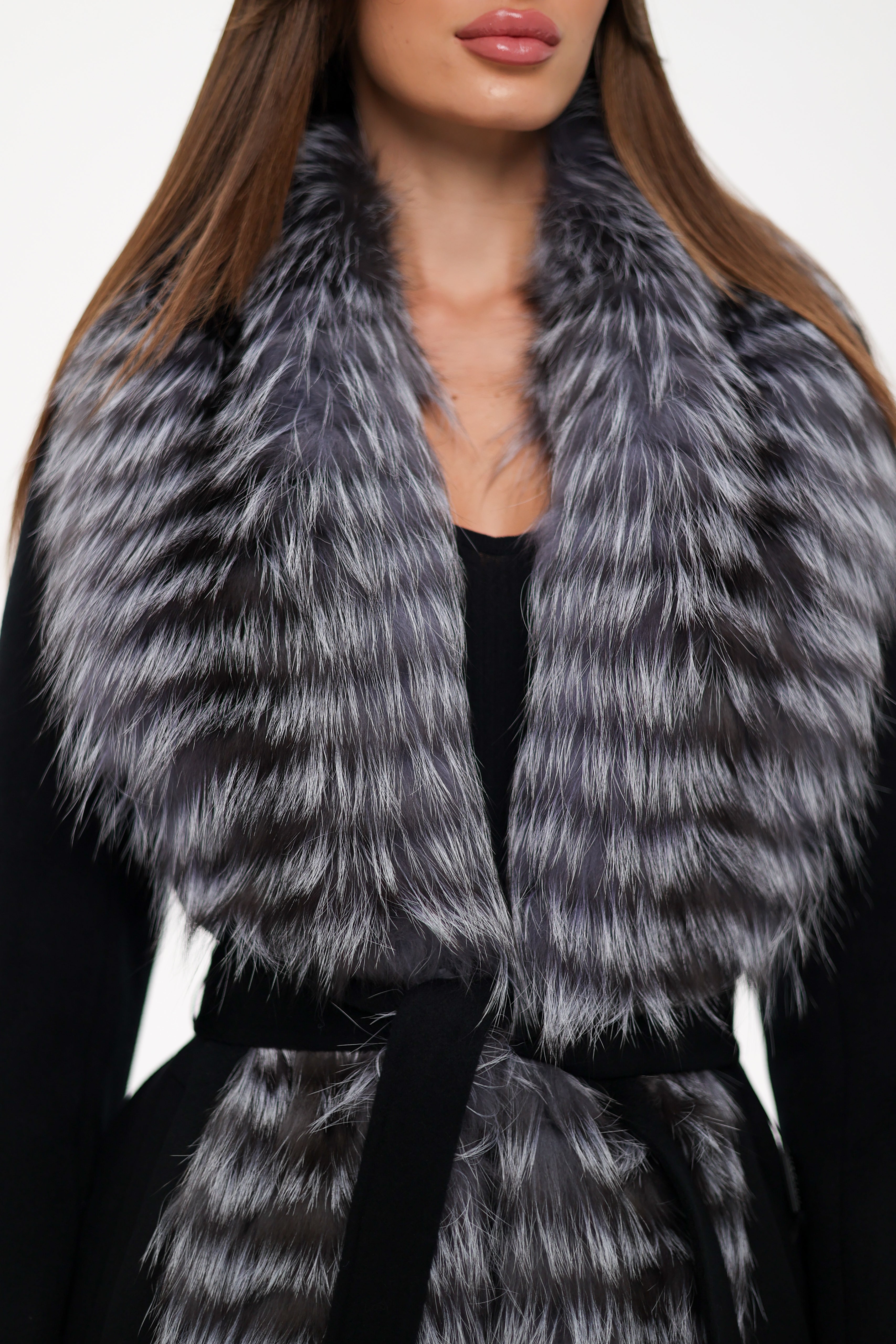 Miranda Coat - Genuine Silver Fox Virgin Wool Wrap Coat in Black