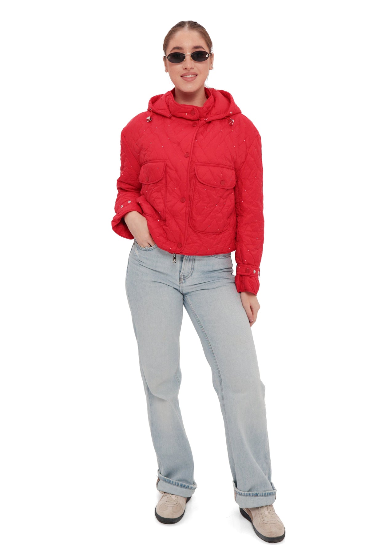 Studded Light Demi-Season Hooded Cropped Jacket in Red