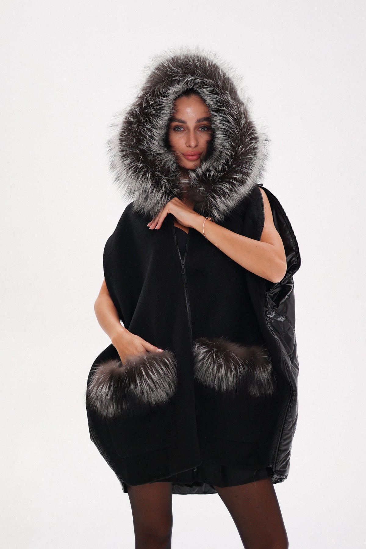 Saga®Furs Silver Fox Wool Cashmere Poncho Vest in Black