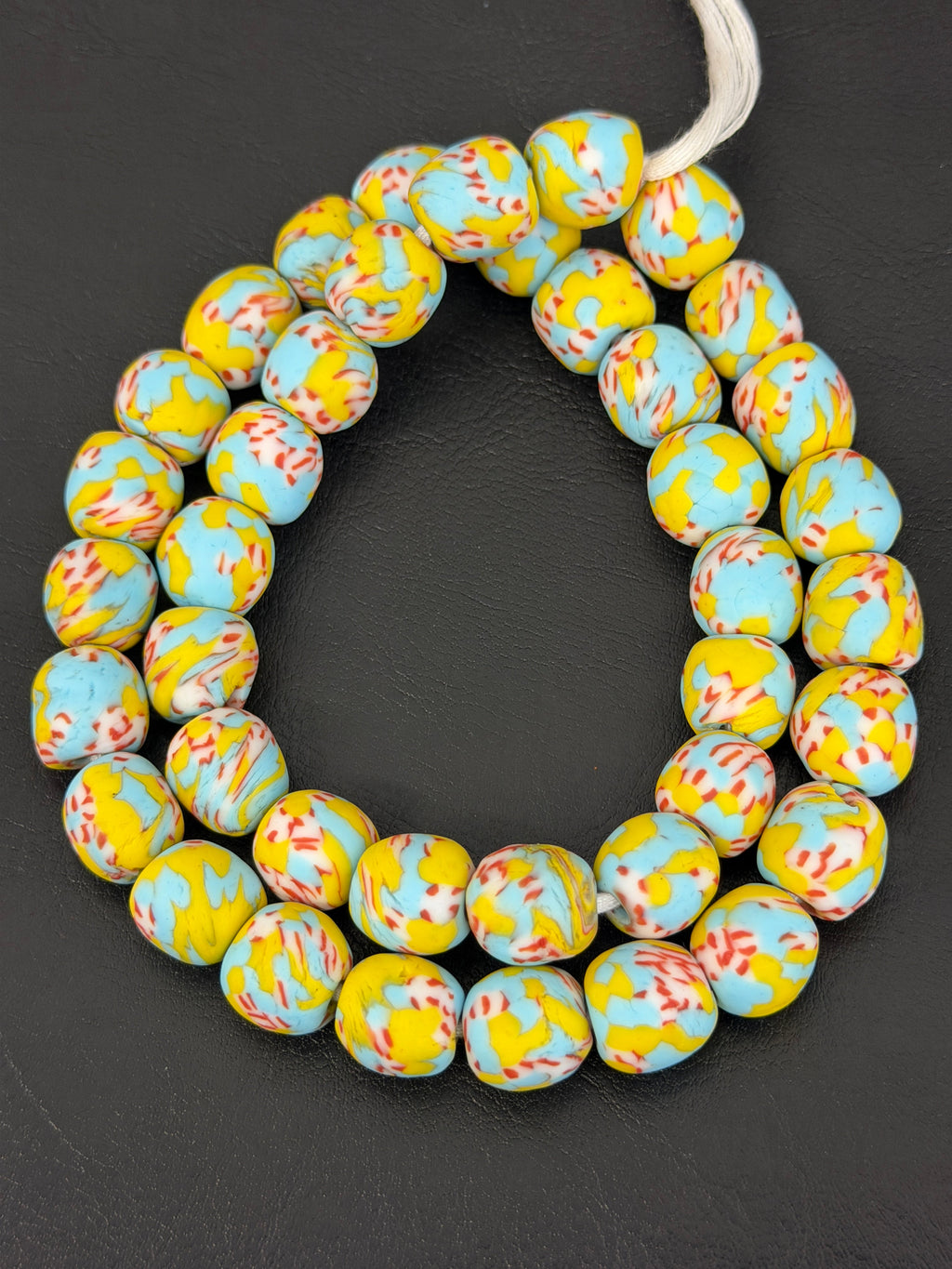Sky Blue & Ivory Fused Krobo Recycled Glass Beads 12–14mm | Handmade African Glass Beads from Ghana | 44 Beads Per Strand