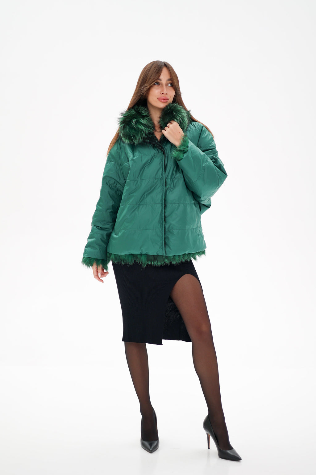Reversible Genuine Silver Fox  Down Fill Coat in Emerald