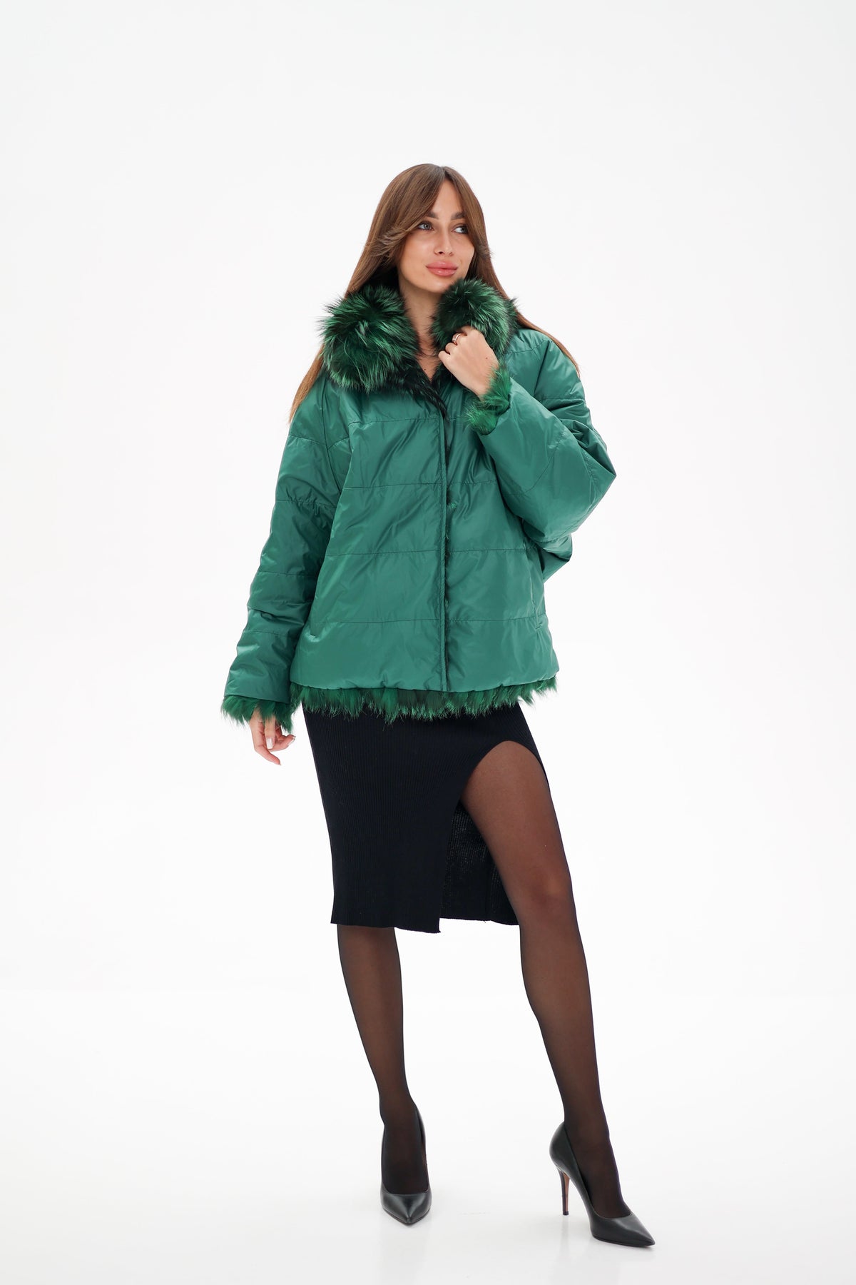 Reversible Genuine Silver Fox  Down Fill Coat in Emerald