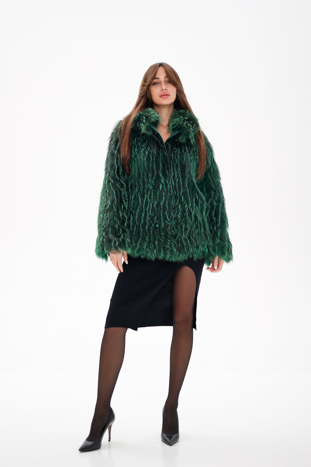 Reversible Genuine Silver Fox  Down Fill Coat in Emerald