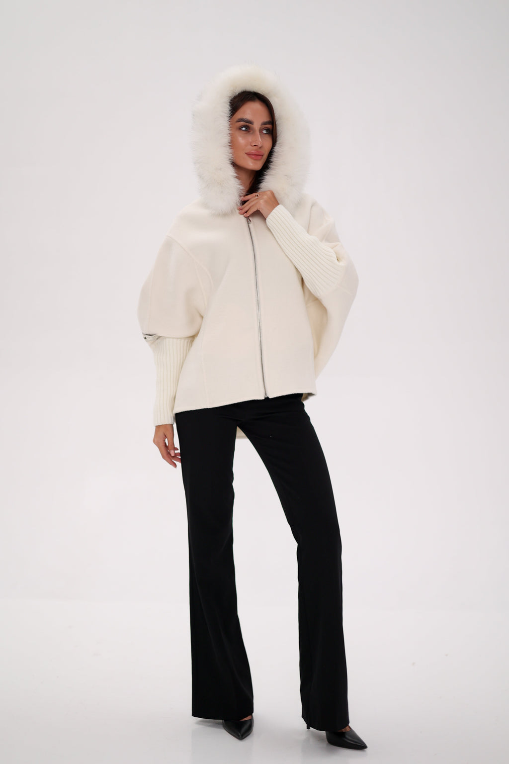 Saga®Furs Hooded Polar Fox Wool Alpaca Coat in White