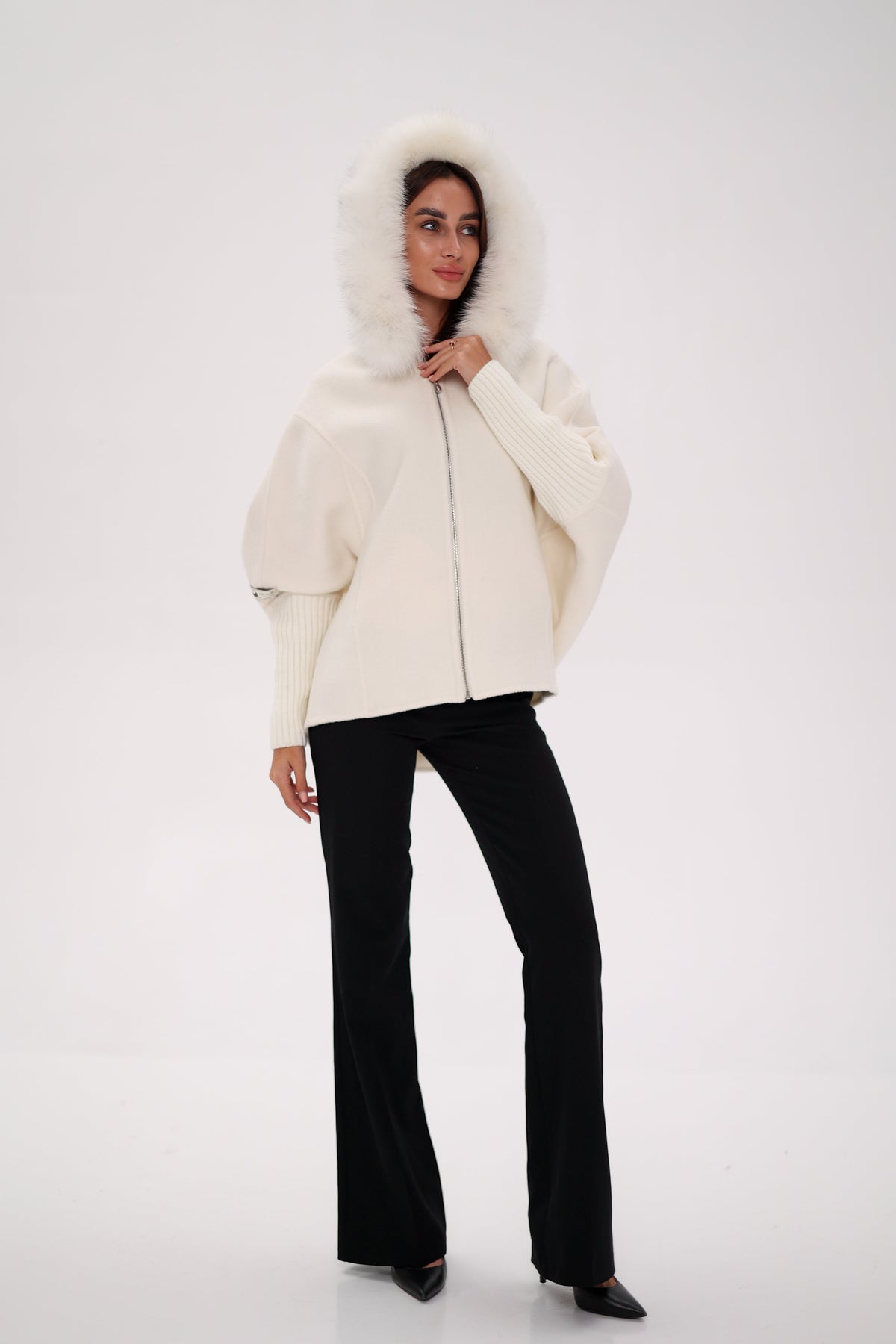 Saga®Furs Hooded Polar Fox Wool Alpaca Coat in White