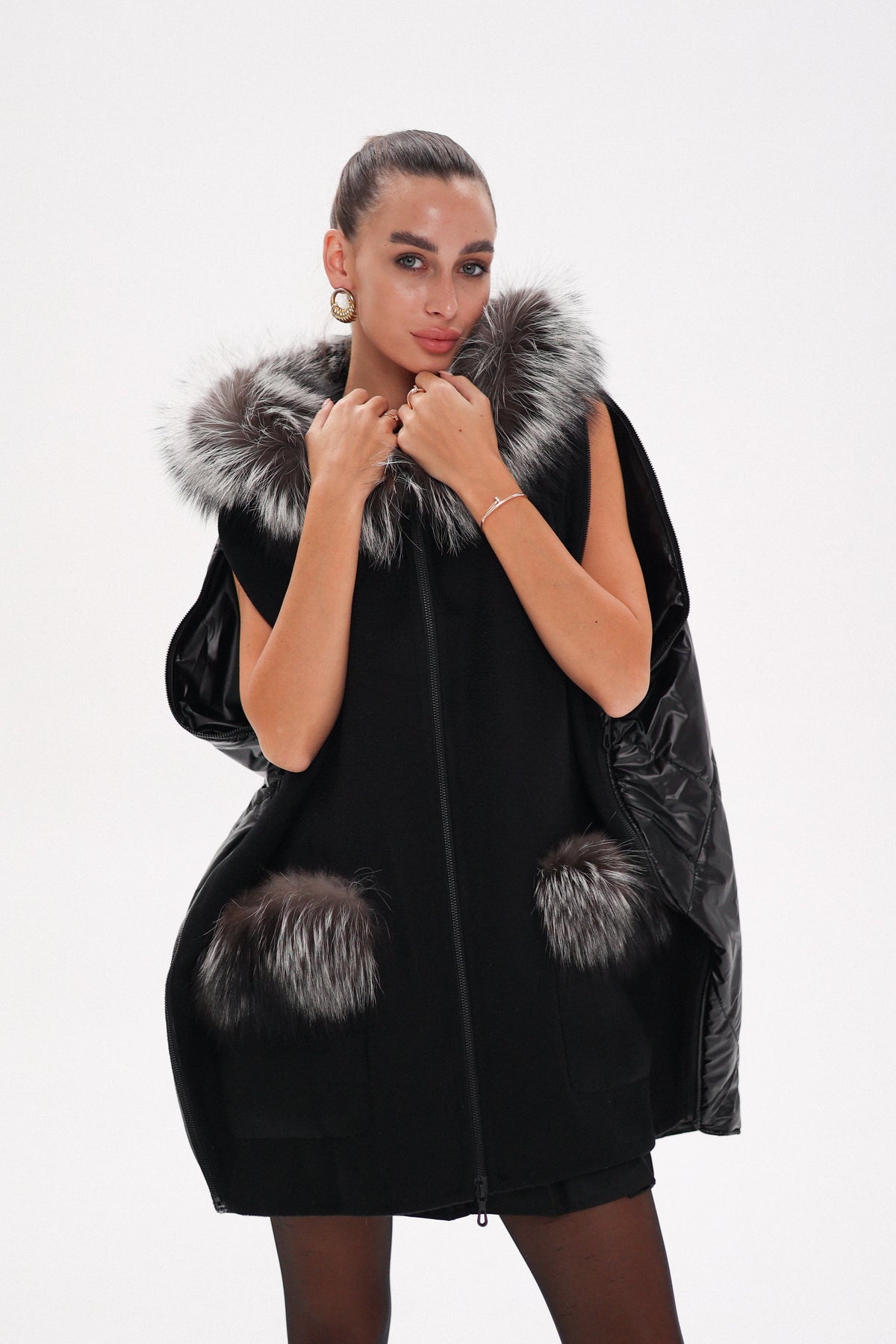 Saga®Furs Silver Fox Wool Cashmere Poncho Vest in Black