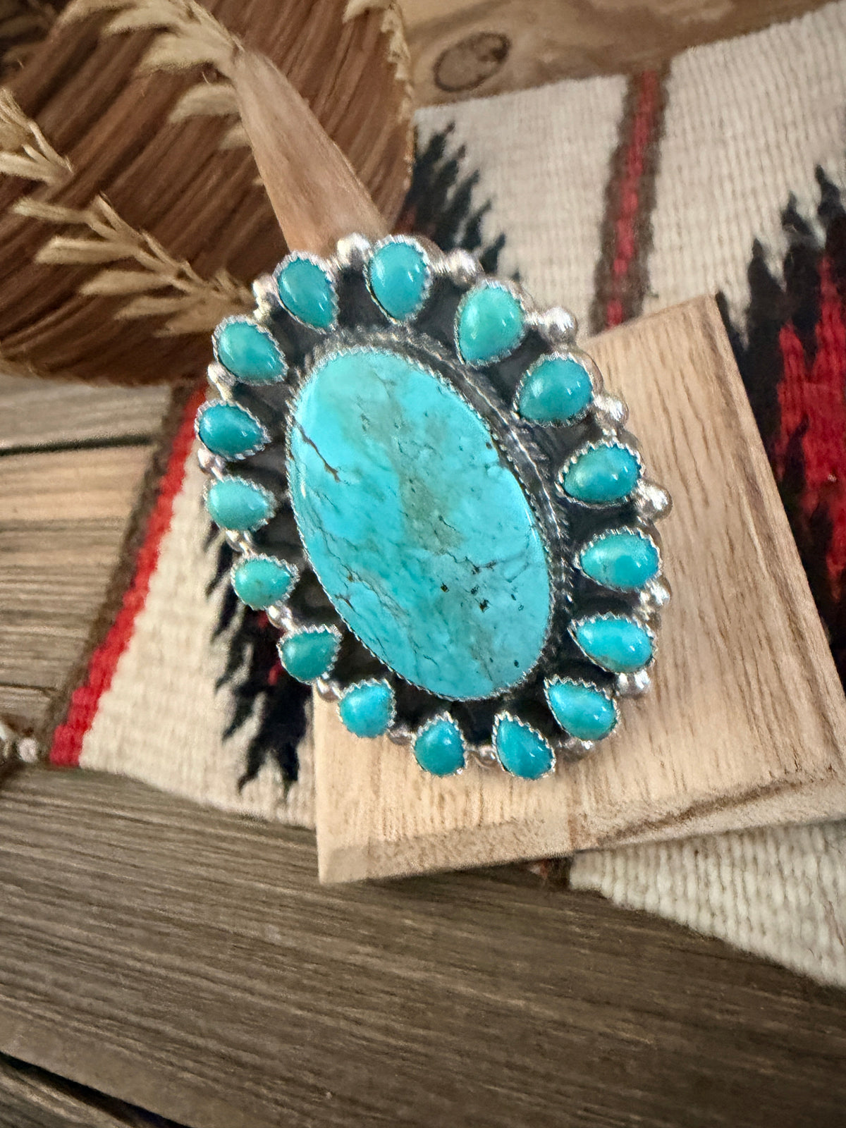 Handcrafted Kingman Turquoise & Sterling Silver Cluster Adjustable Ring