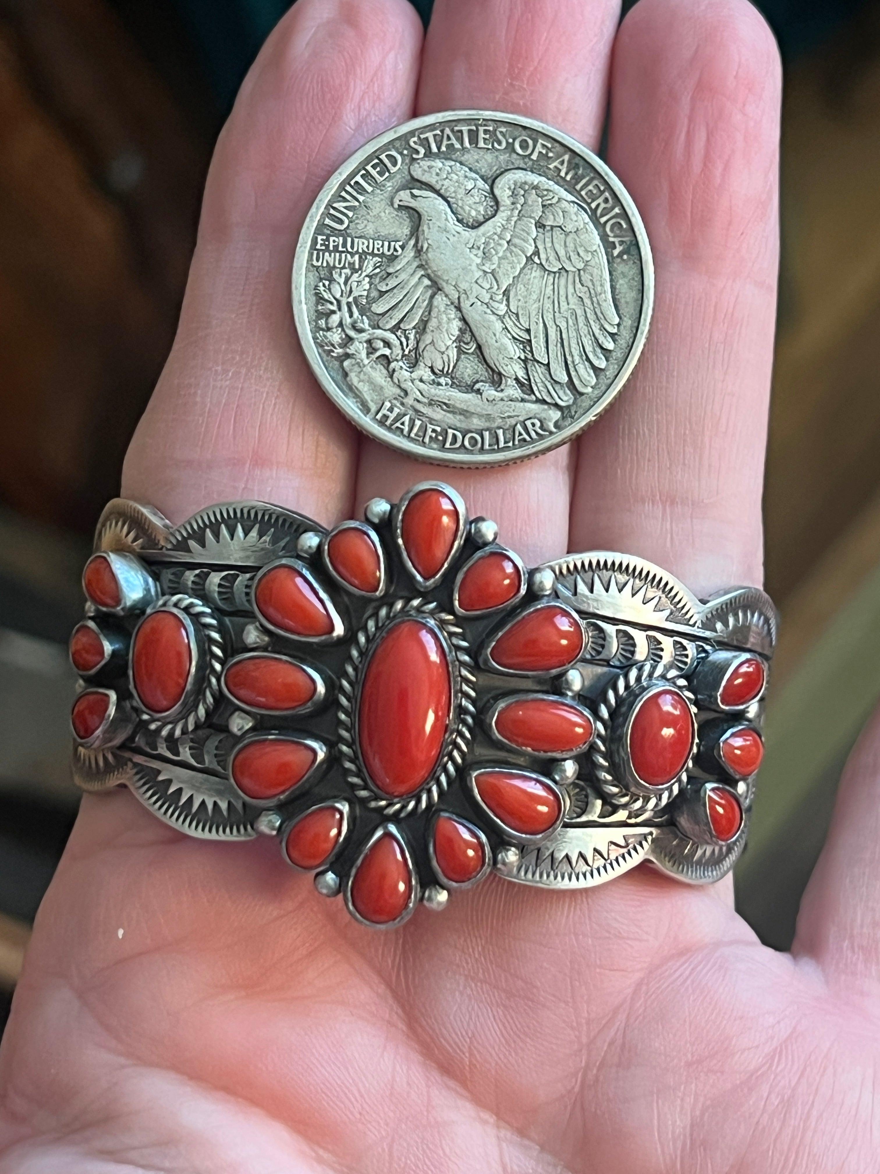 Handcrafted Sterling Silver and Mediterranean Coral Cluster Cuff Bracelet by Murphy Platero