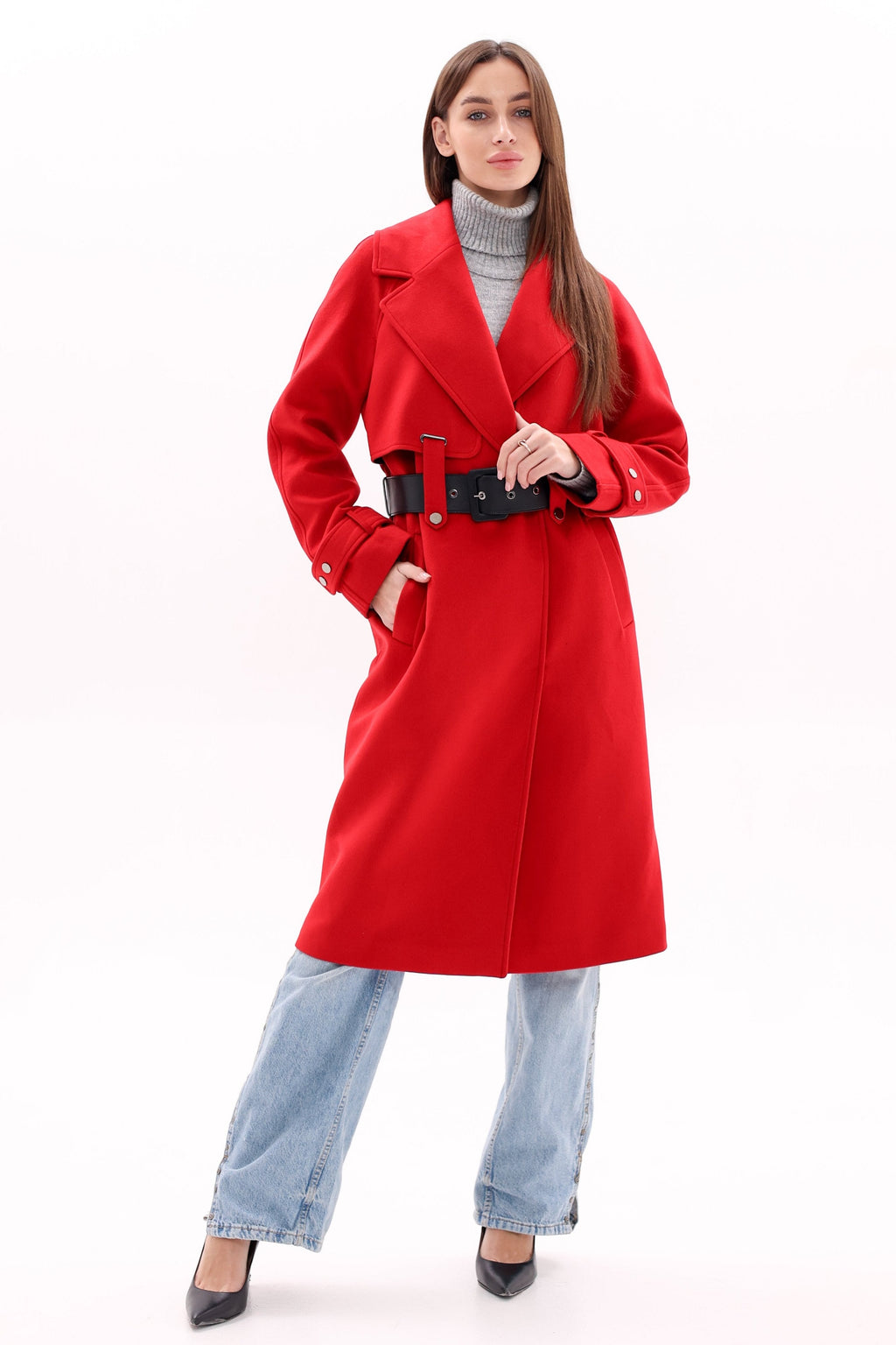 Karina Belted Wool Cashmere Blend Overcoat in Ruby