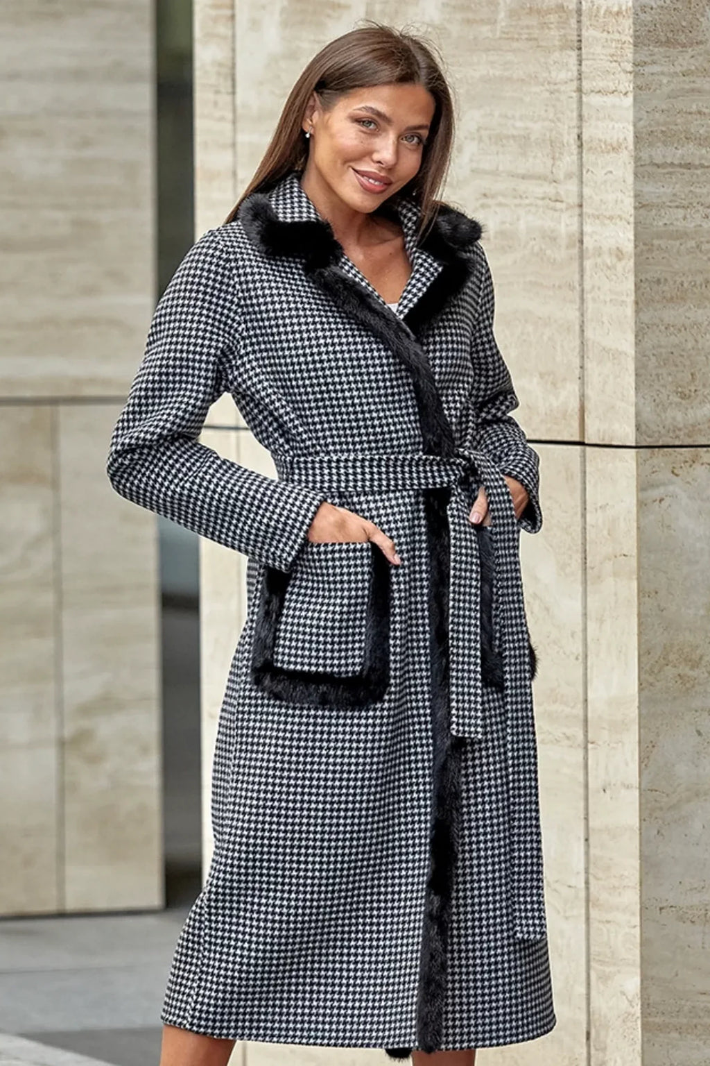 Genuine Scandinavian Mink Fur Trim Wool Coat