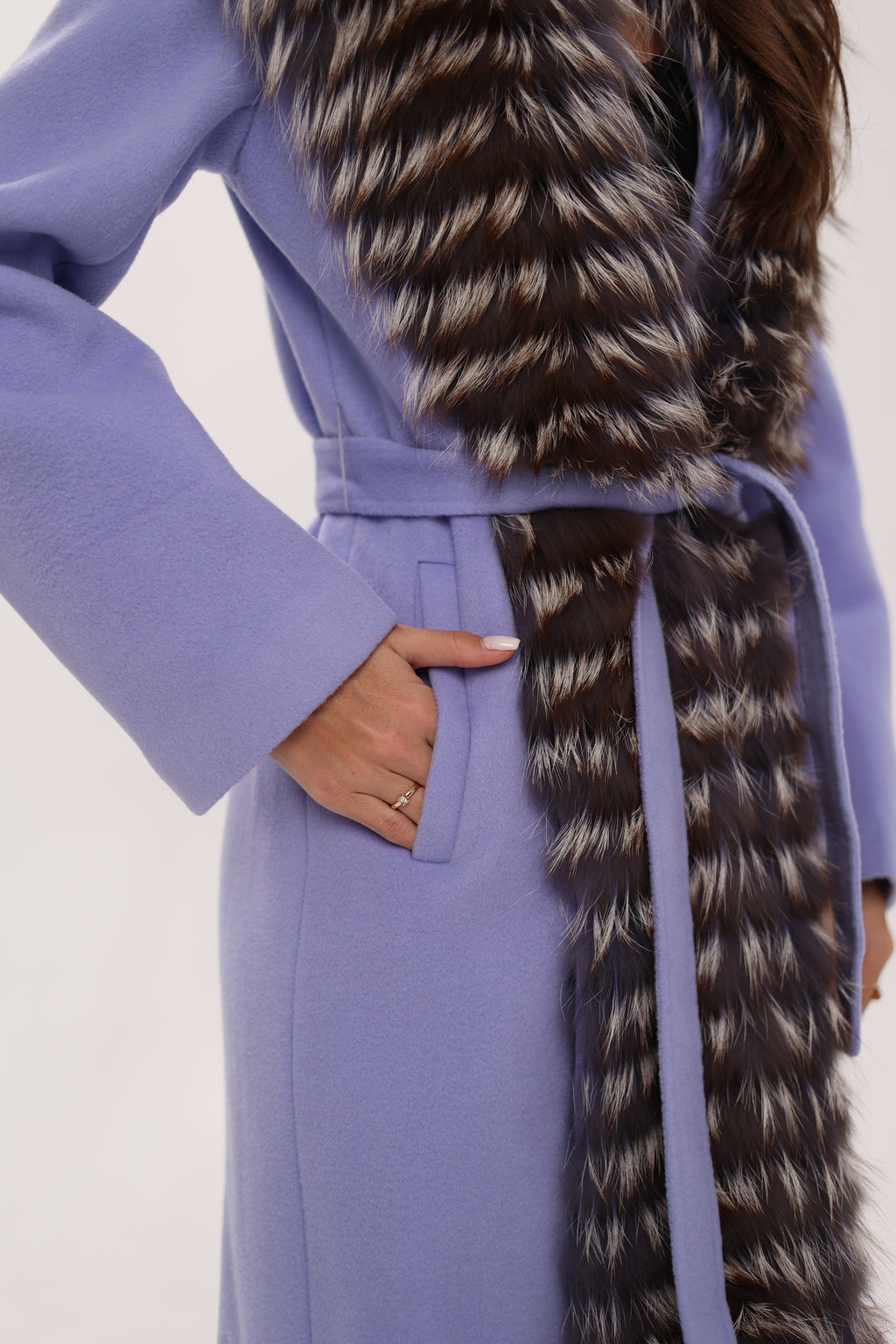 Carrie Coat - Genuine Silver Fox Virgin Wool Wrap Coat in Lavender