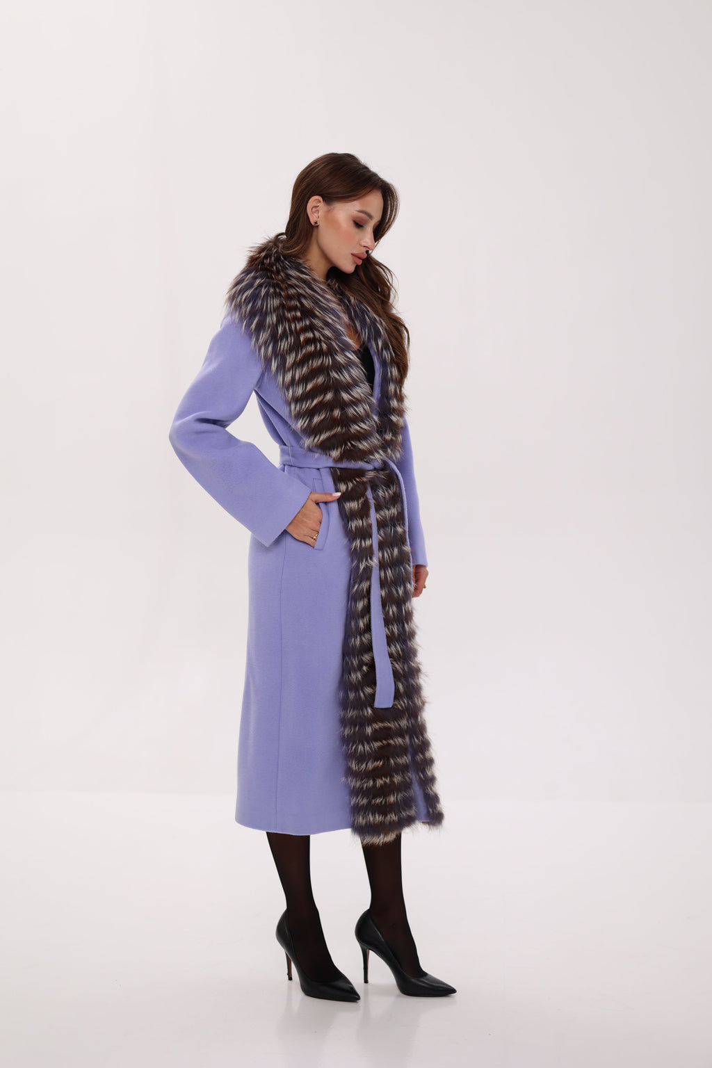Carrie Coat - Genuine Silver Fox Virgin Wool Wrap Coat in Lavender